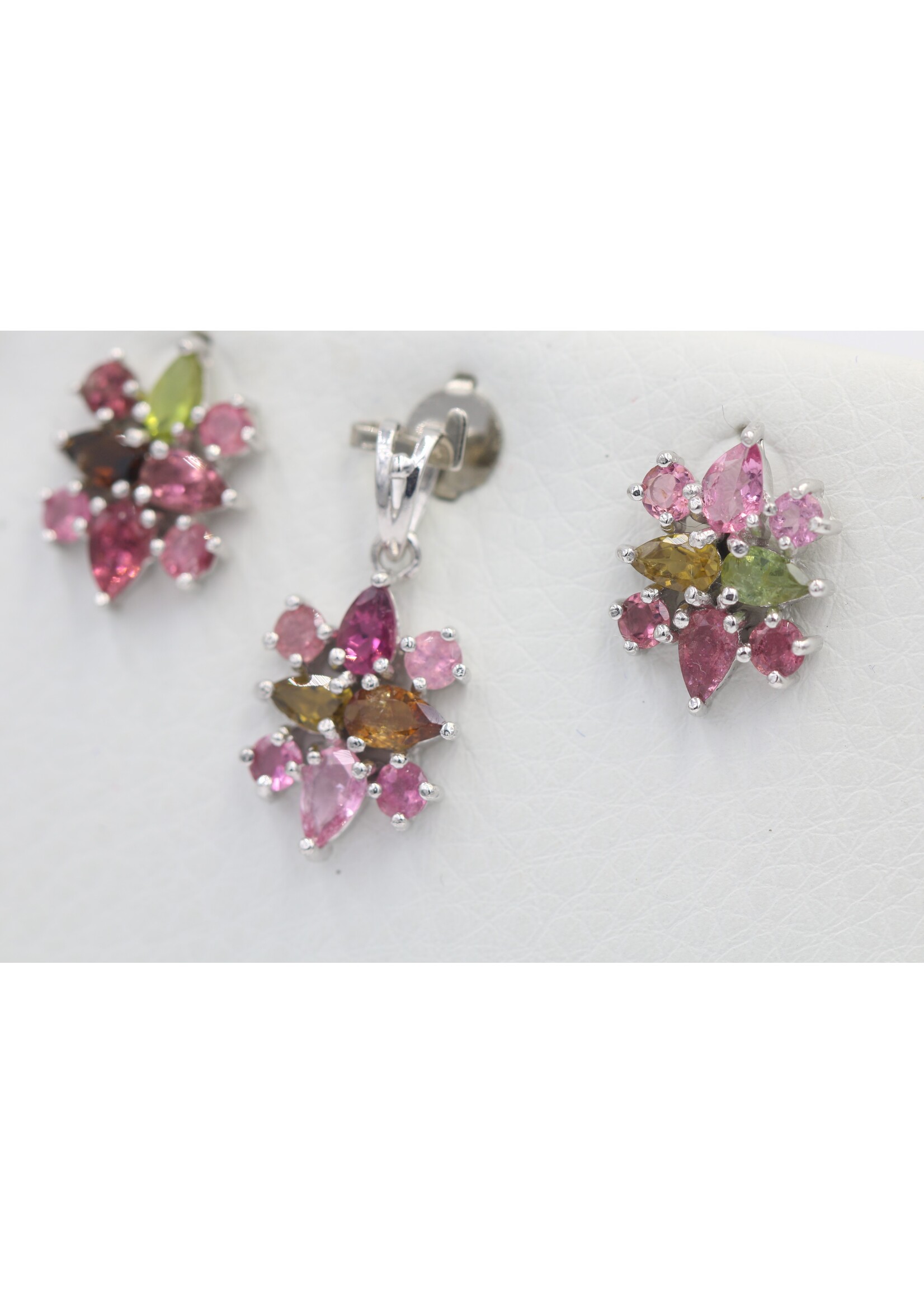 925 Rhodium Plated Silver Set Set with Natural Multi-Color Tourmalines