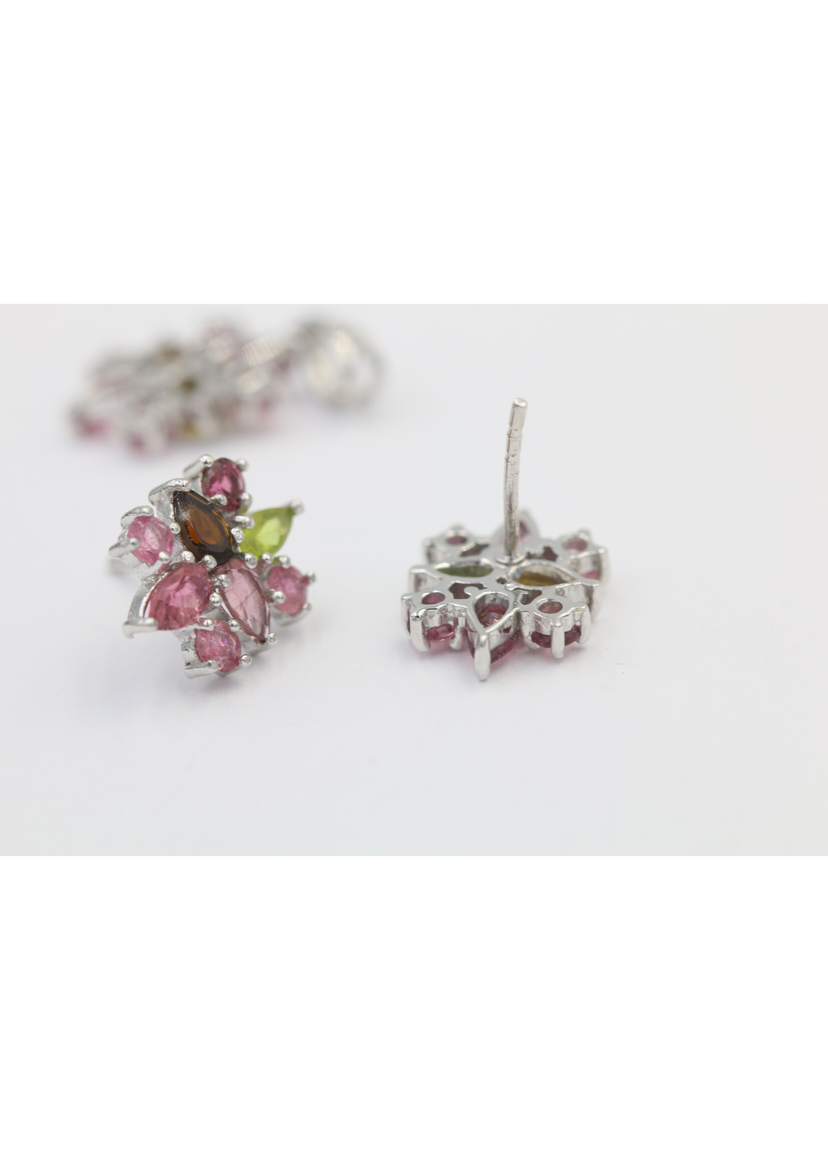 925 Rhodium Plated Silver Set Set with Natural Multi-Color Tourmalines