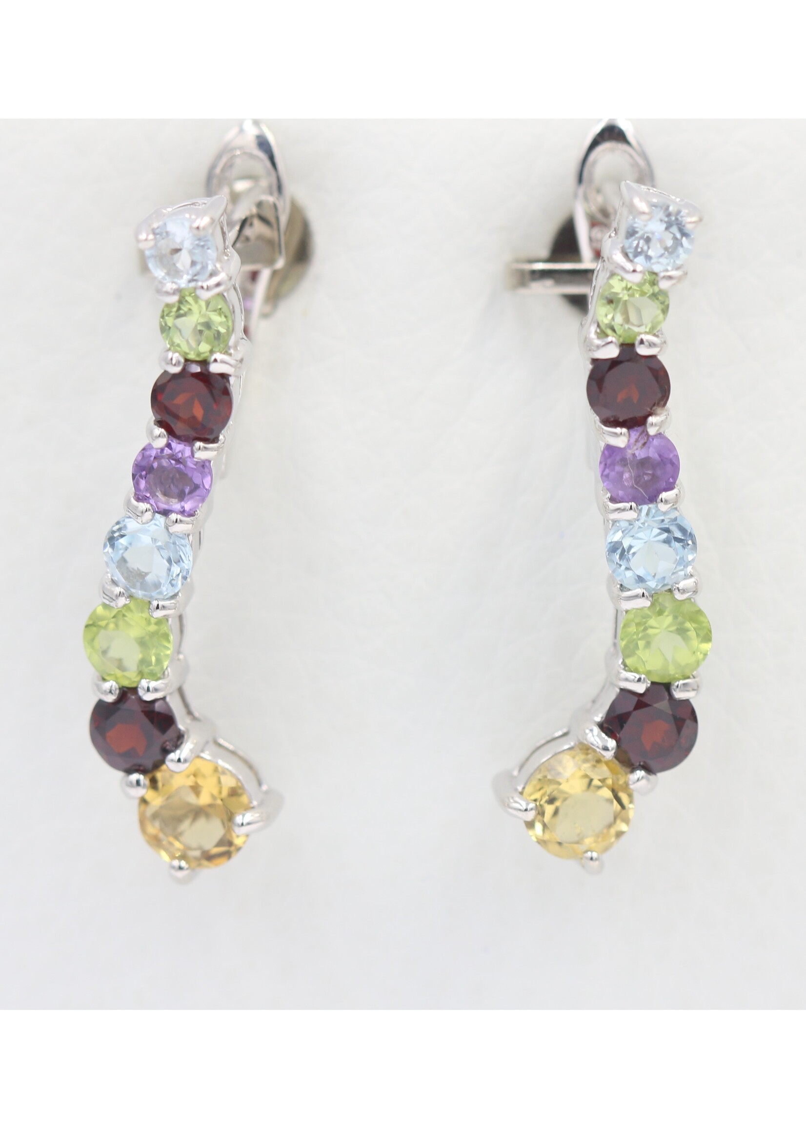 925 rhodium plated silver earrings set with natural Peridot, Blue Topaz, Garnet, Citrine and Amethyst