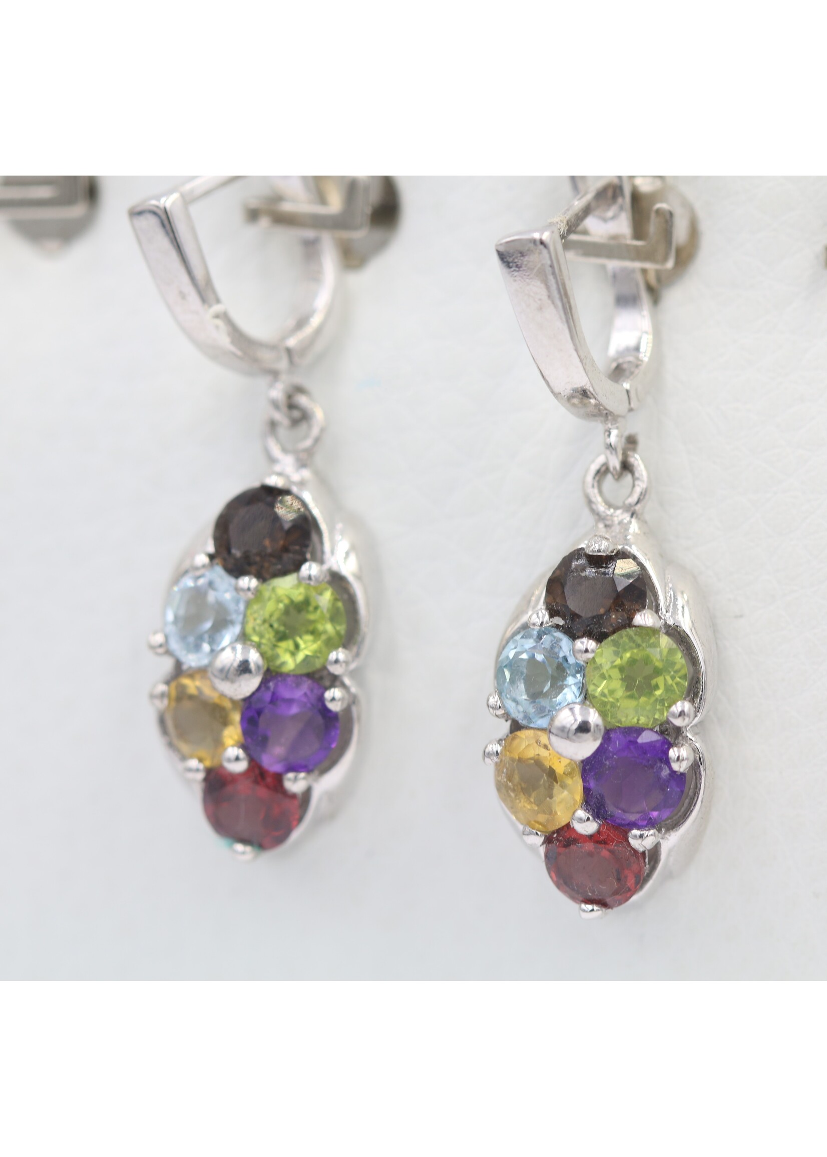 925 rhodium plated silver earrings set with natural Peridot, Blue Topaz, Garnet, Citrine and Amethyst
