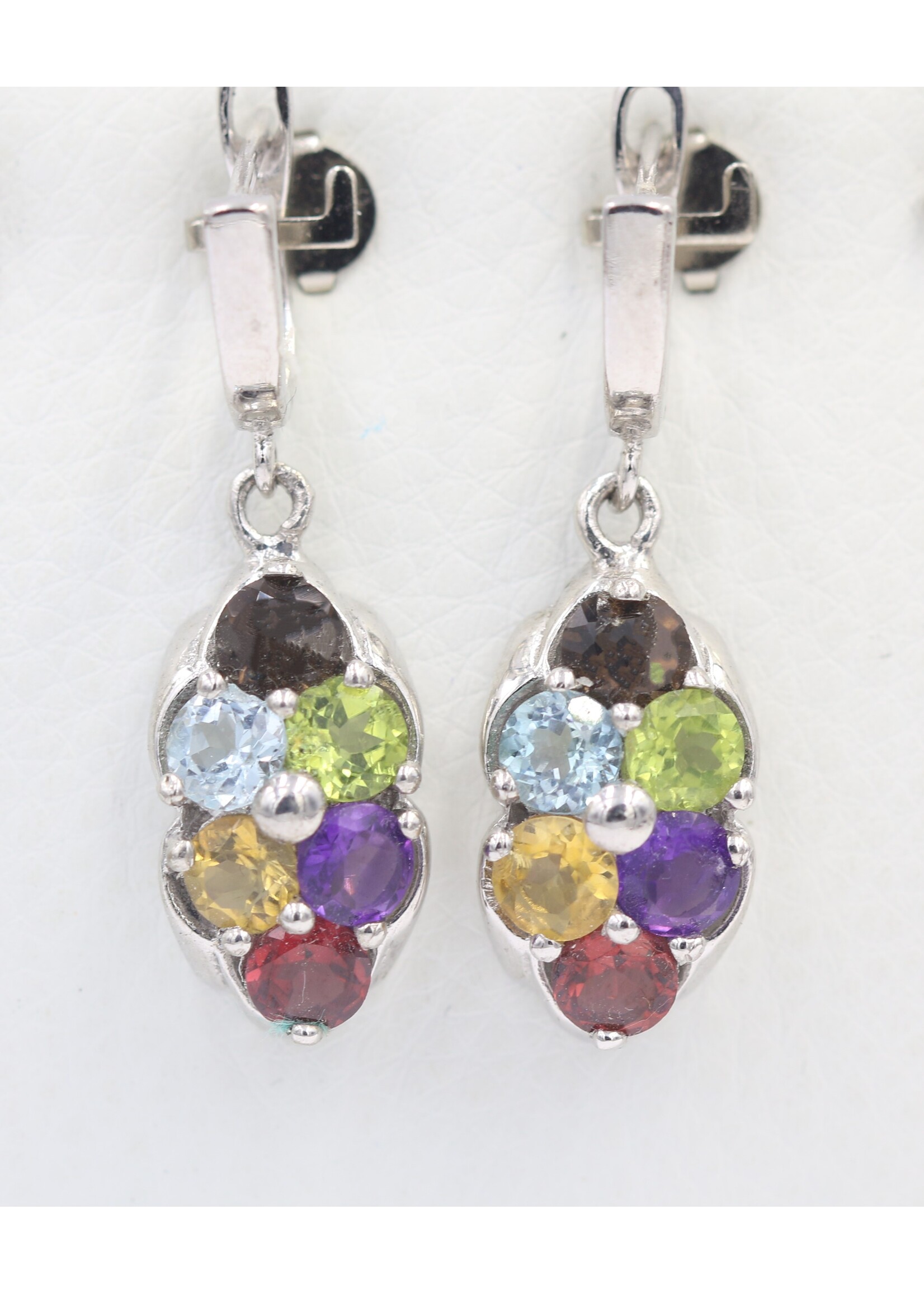 925 rhodium plated silver earrings set with natural Peridot, Blue Topaz, Garnet, Citrine and Amethyst
