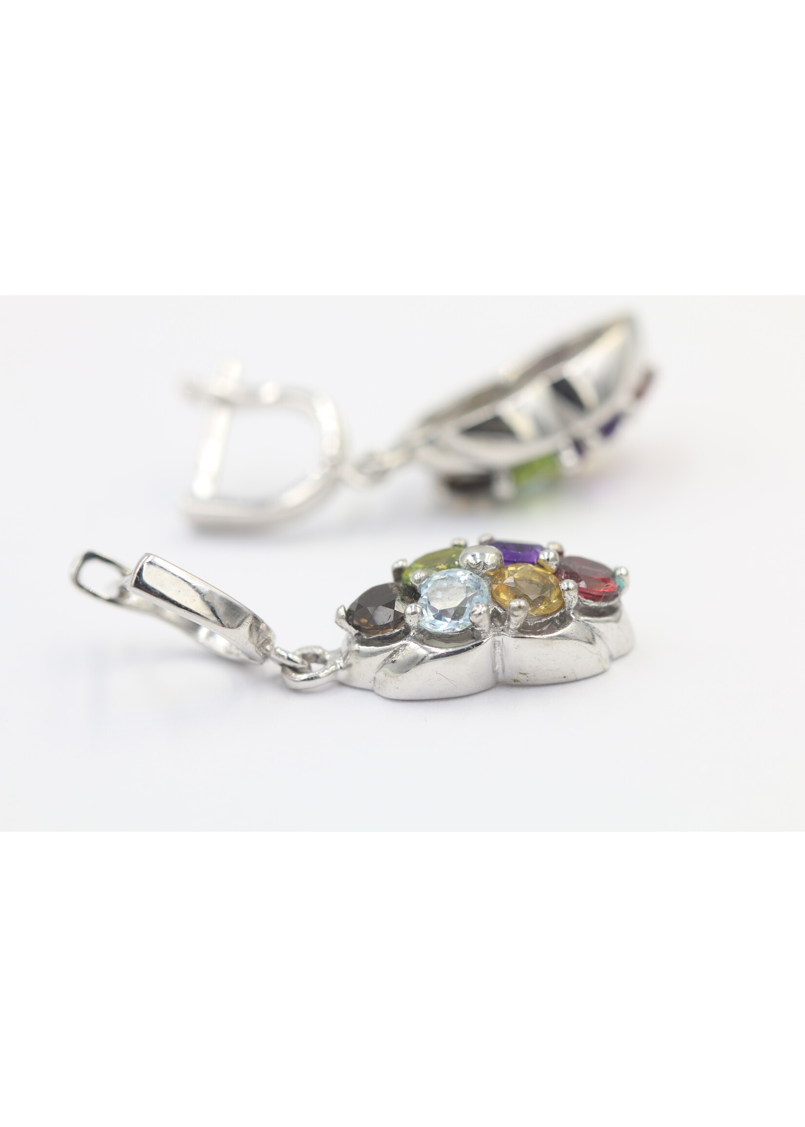 925 rhodium plated silver earrings set with natural Peridot, Blue Topaz, Garnet, Citrine and Amethyst