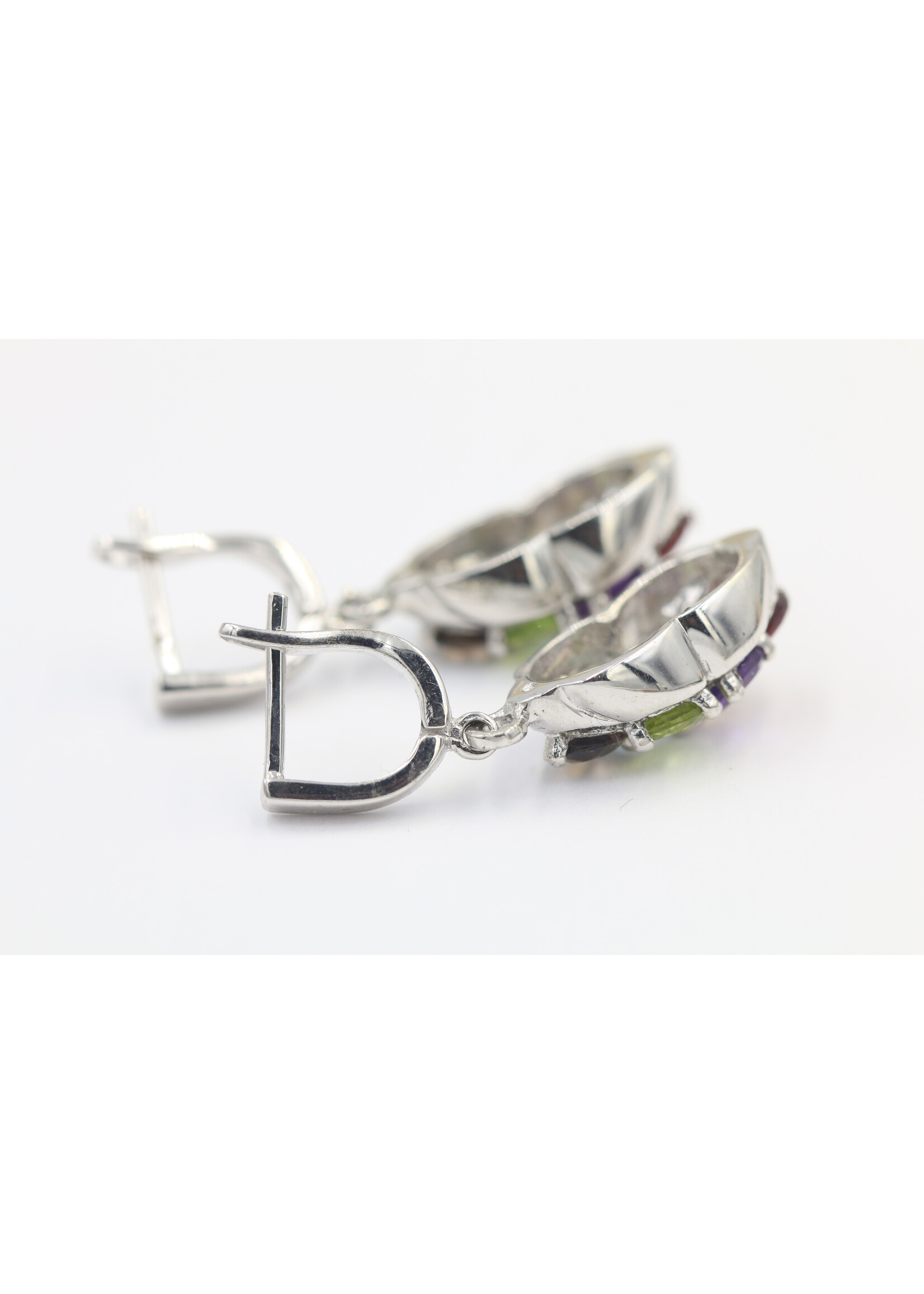 925 rhodium plated silver earrings set with natural Peridot, Blue Topaz, Garnet, Citrine and Amethyst