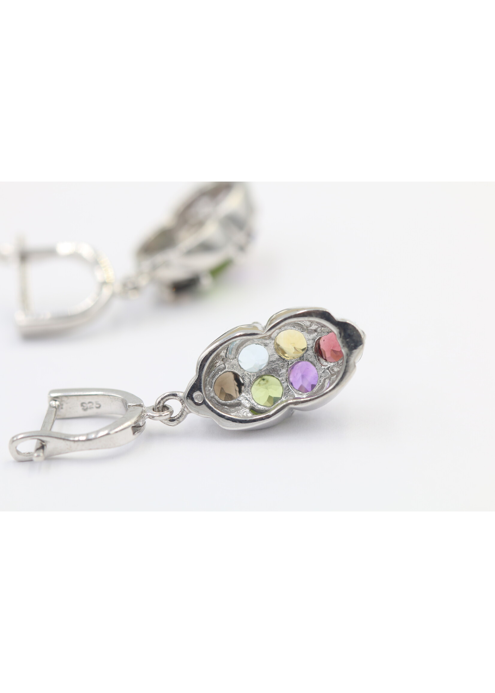 925 rhodium plated silver earrings set with natural Peridot, Blue Topaz, Garnet, Citrine and Amethyst