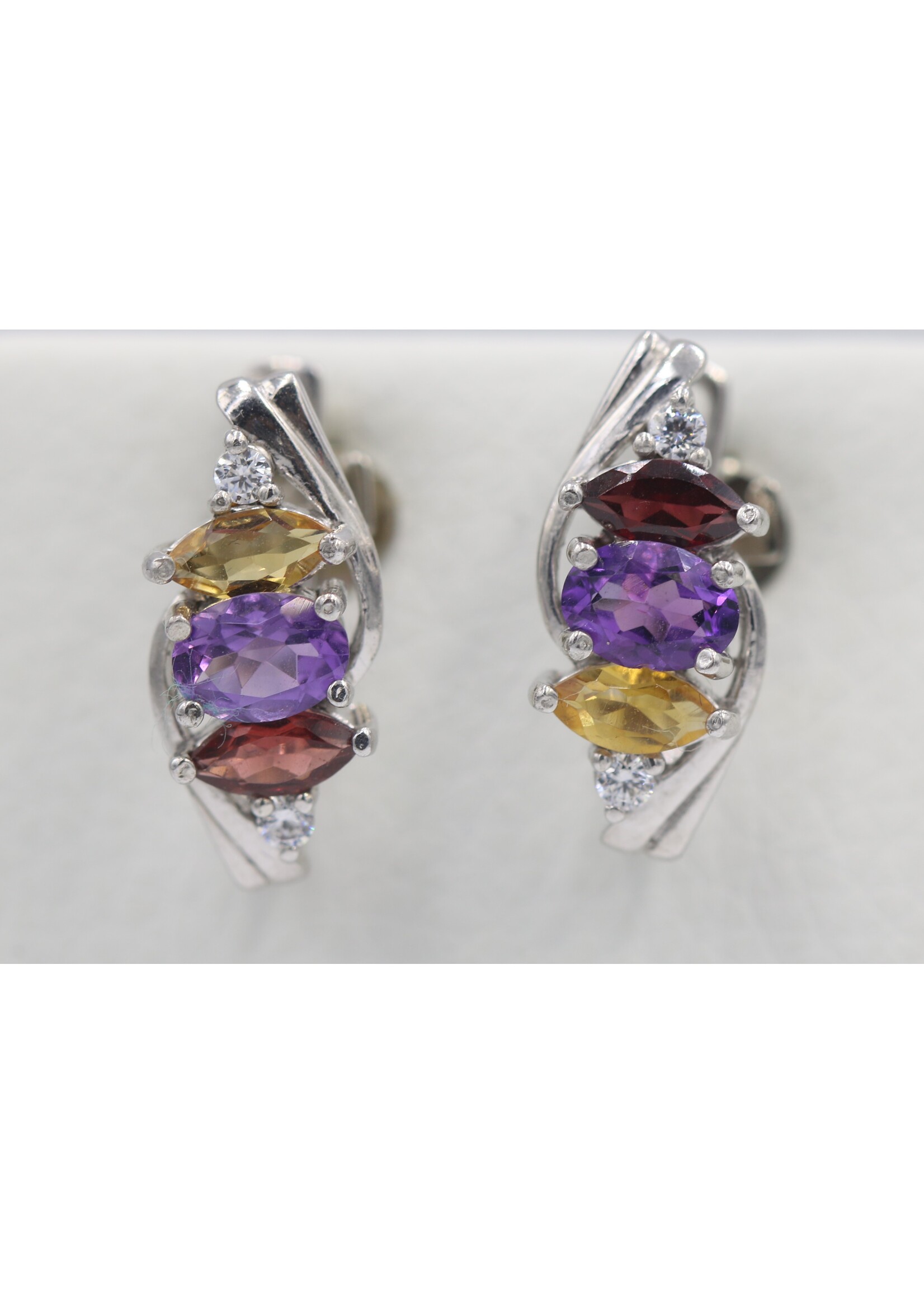 925 rhodium plated silver earrings set with natural Garnet, Citrine and Amethyst