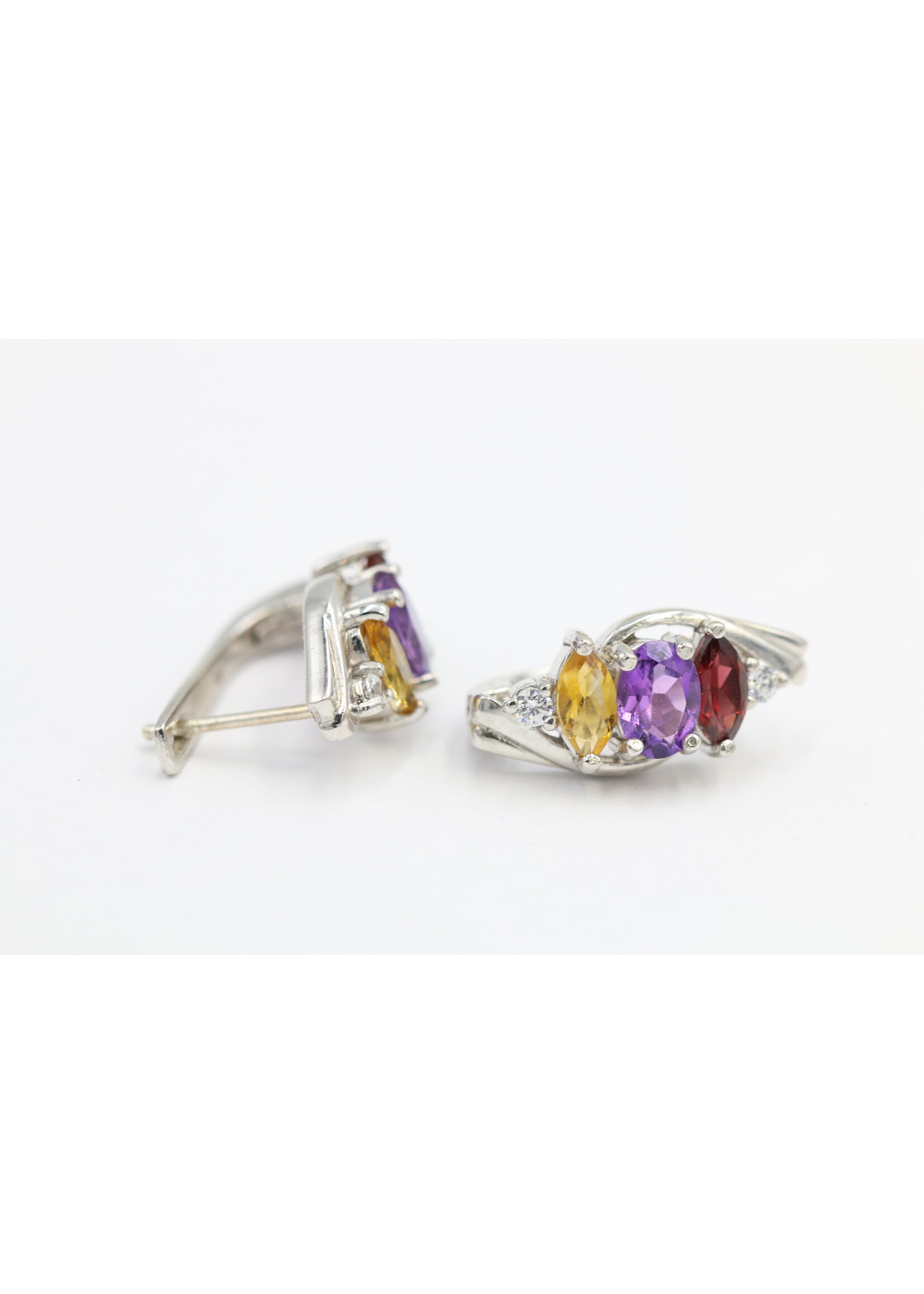Boucles d'oreilles en argent 925 rhodié serties de Grenat naturel, Citrine et Améthyste