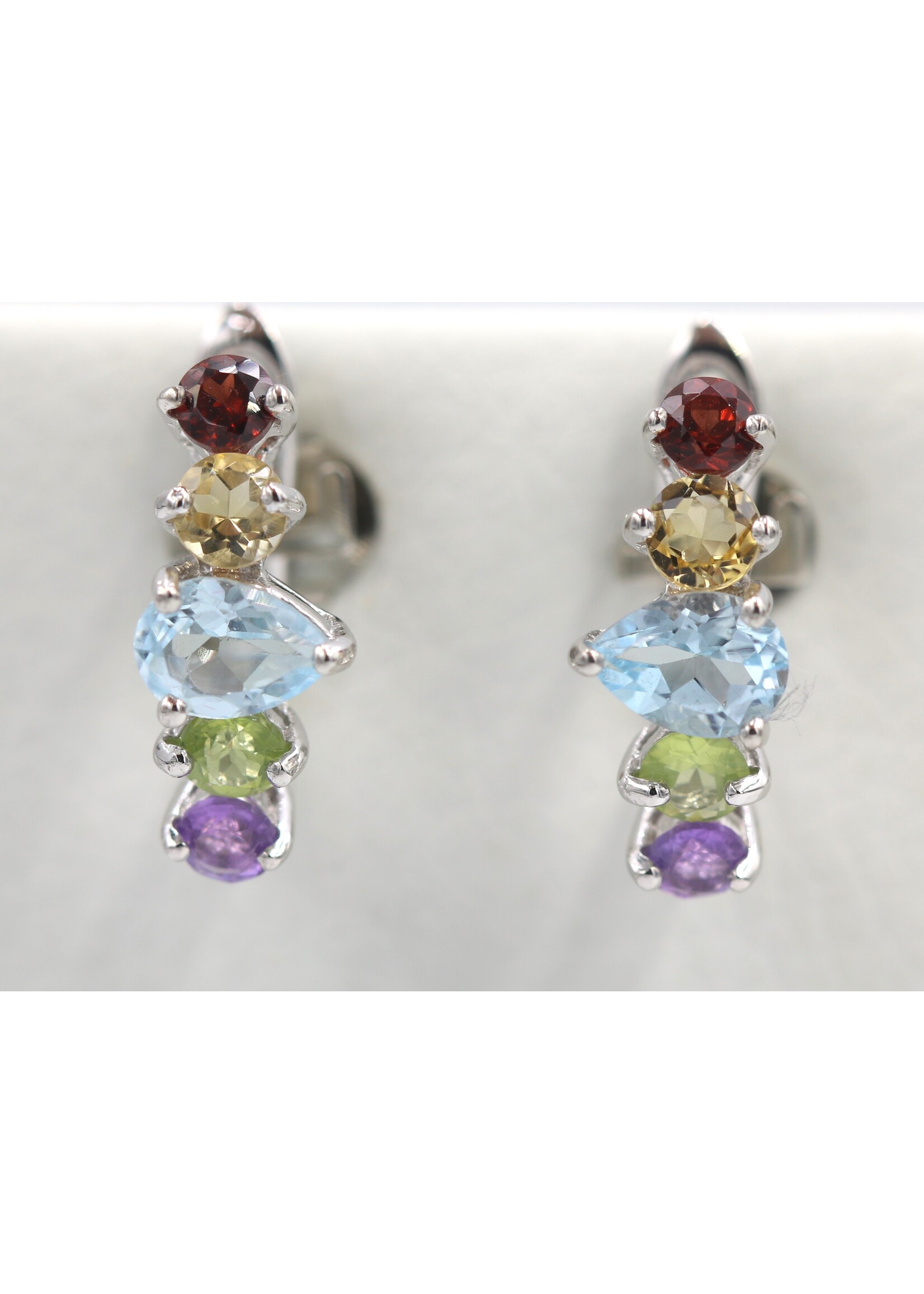 925 rhodium plated silver earrings set with natural Peridot, Blue Topaz, Garnet, Citrine and Amethyst