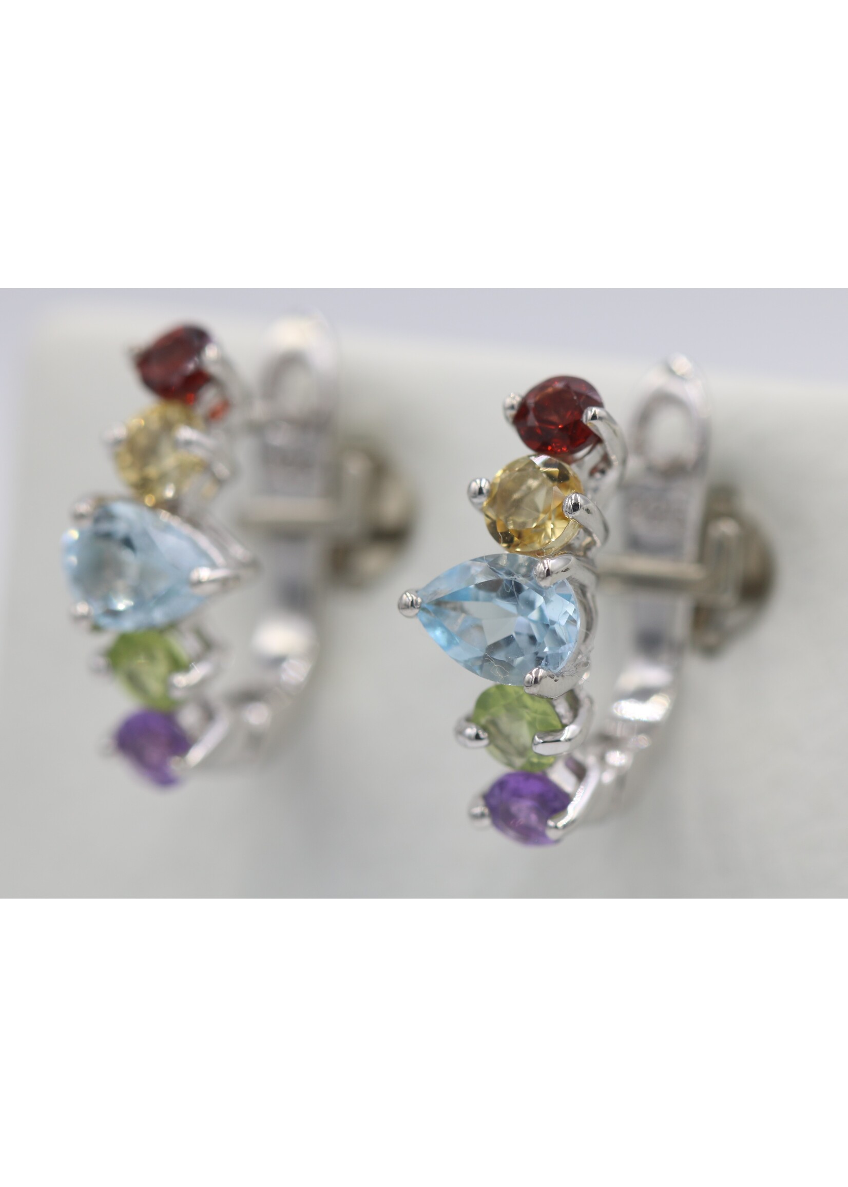 925 rhodium plated silver earrings set with natural Peridot, Blue Topaz, Garnet, Citrine and Amethyst