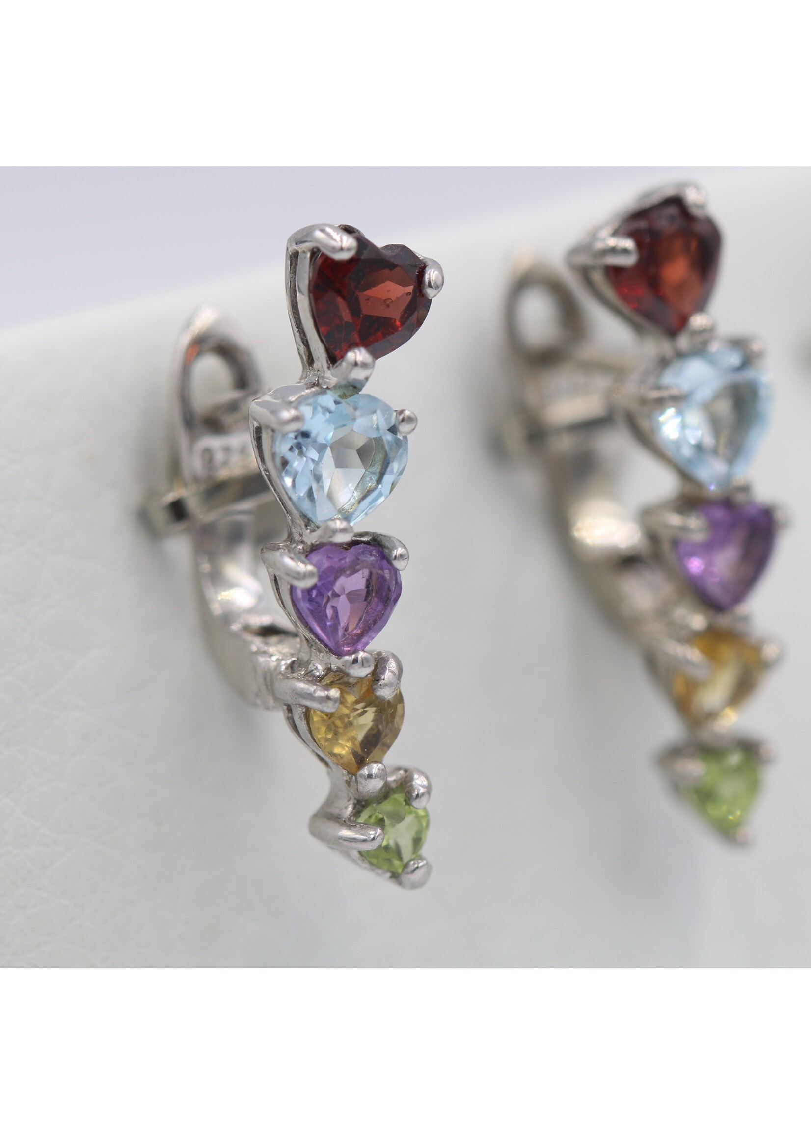 925 rhodium plated silver earrings set with natural Peridot, Blue Topaz, Garnet, Citrine and Amethyst