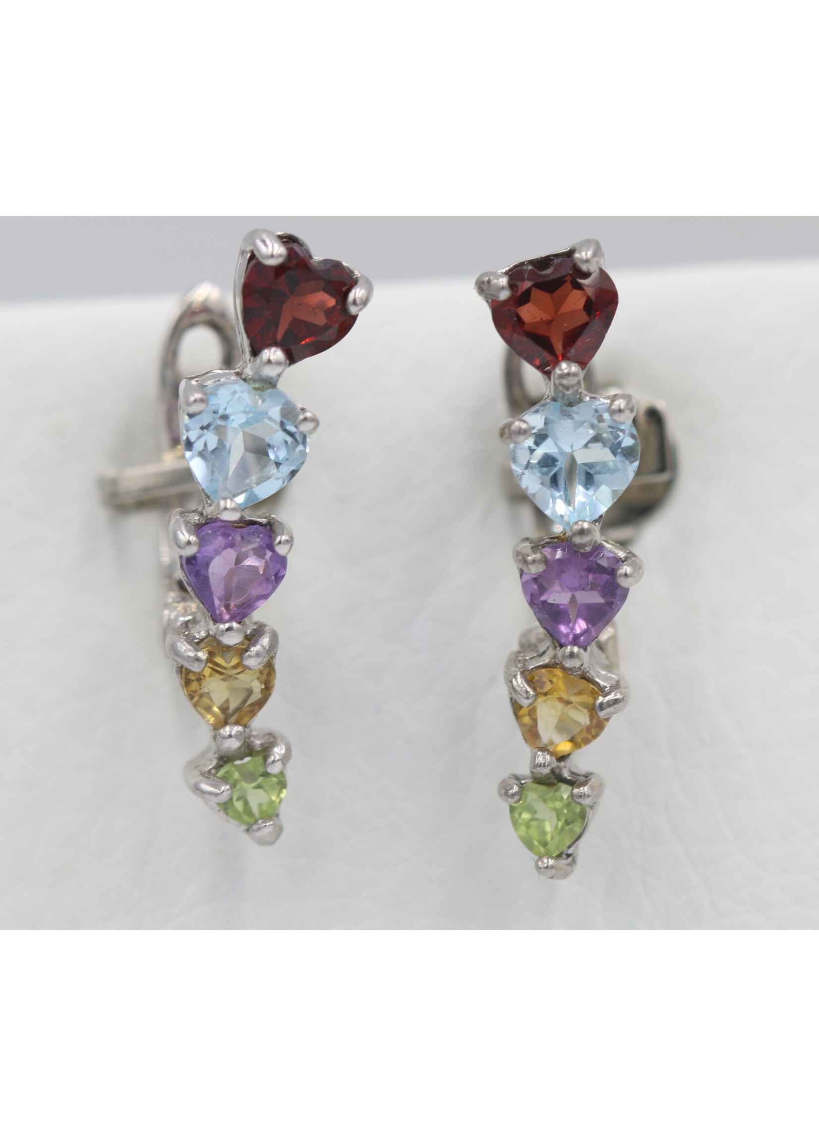 925 rhodium plated silver earrings set with natural Peridot, Blue Topaz, Garnet, Citrine and Amethyst