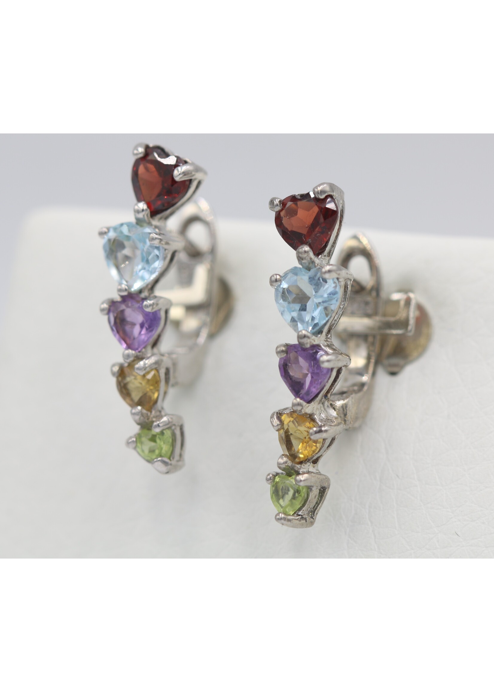 925 rhodium plated silver earrings set with natural Peridot, Blue Topaz, Garnet, Citrine and Amethyst