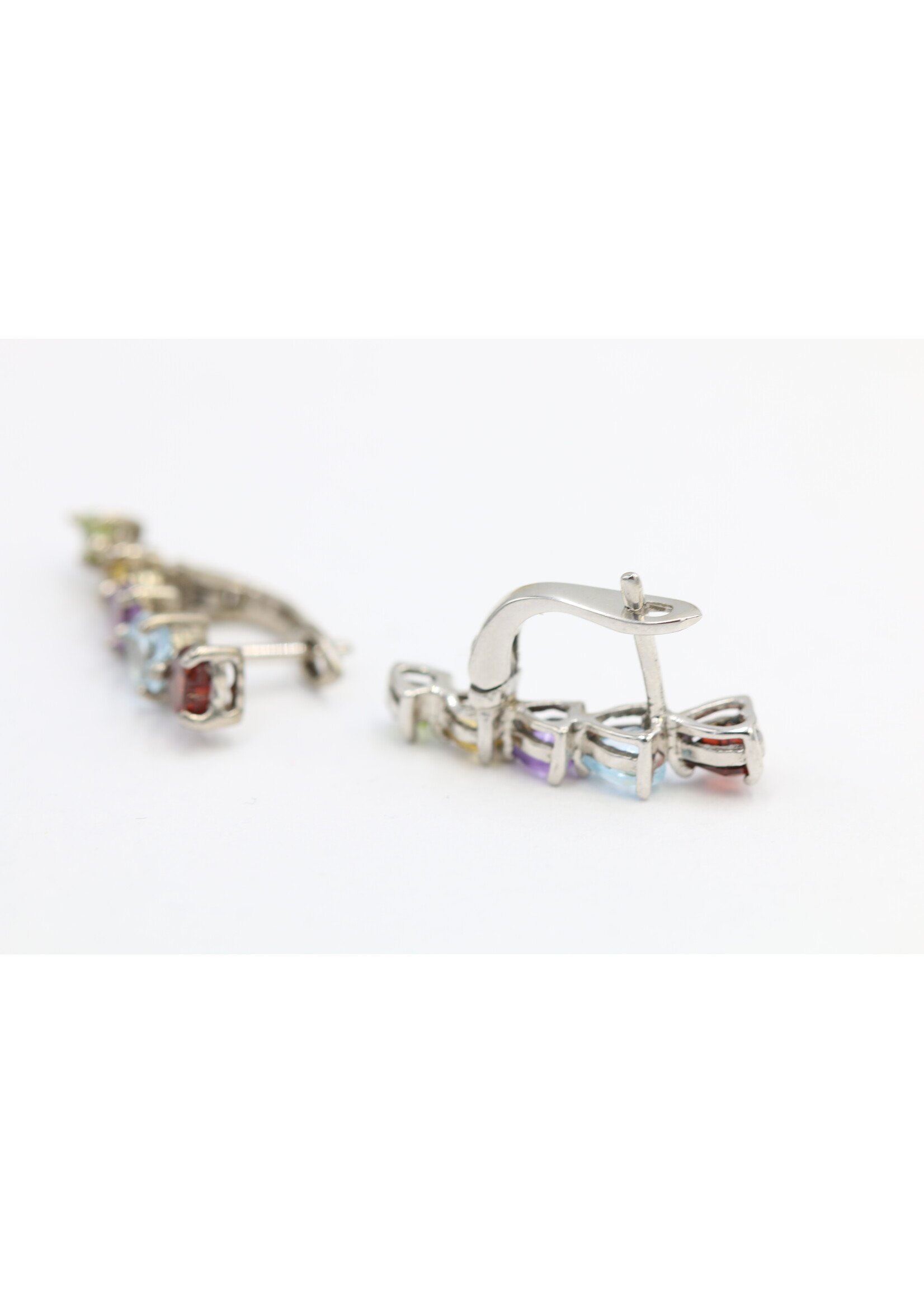 925 rhodium plated silver earrings set with natural Peridot, Blue Topaz, Garnet, Citrine and Amethyst