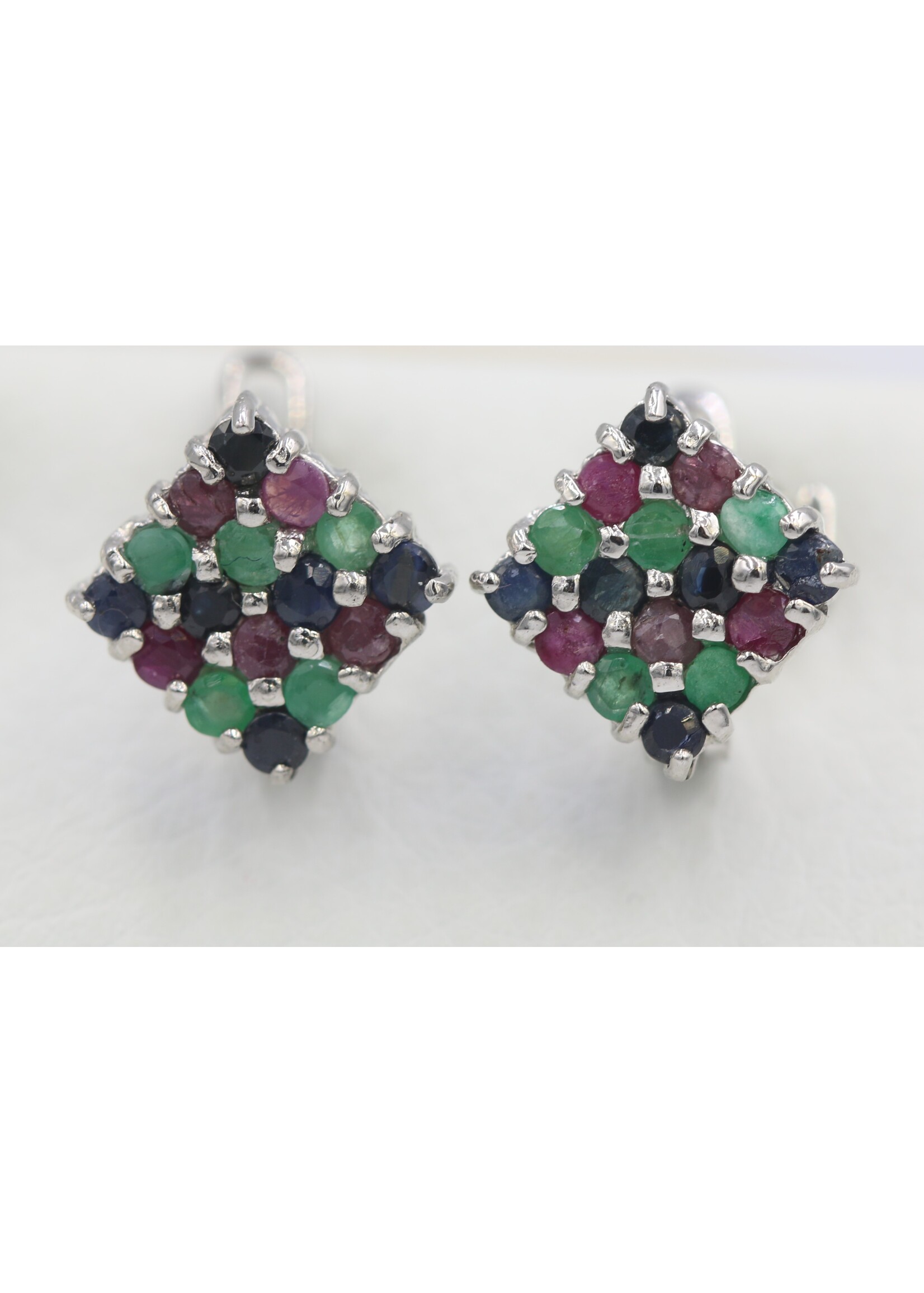 925 rhodium plated silver earrings set with natural rubies, emeralds and sapphires