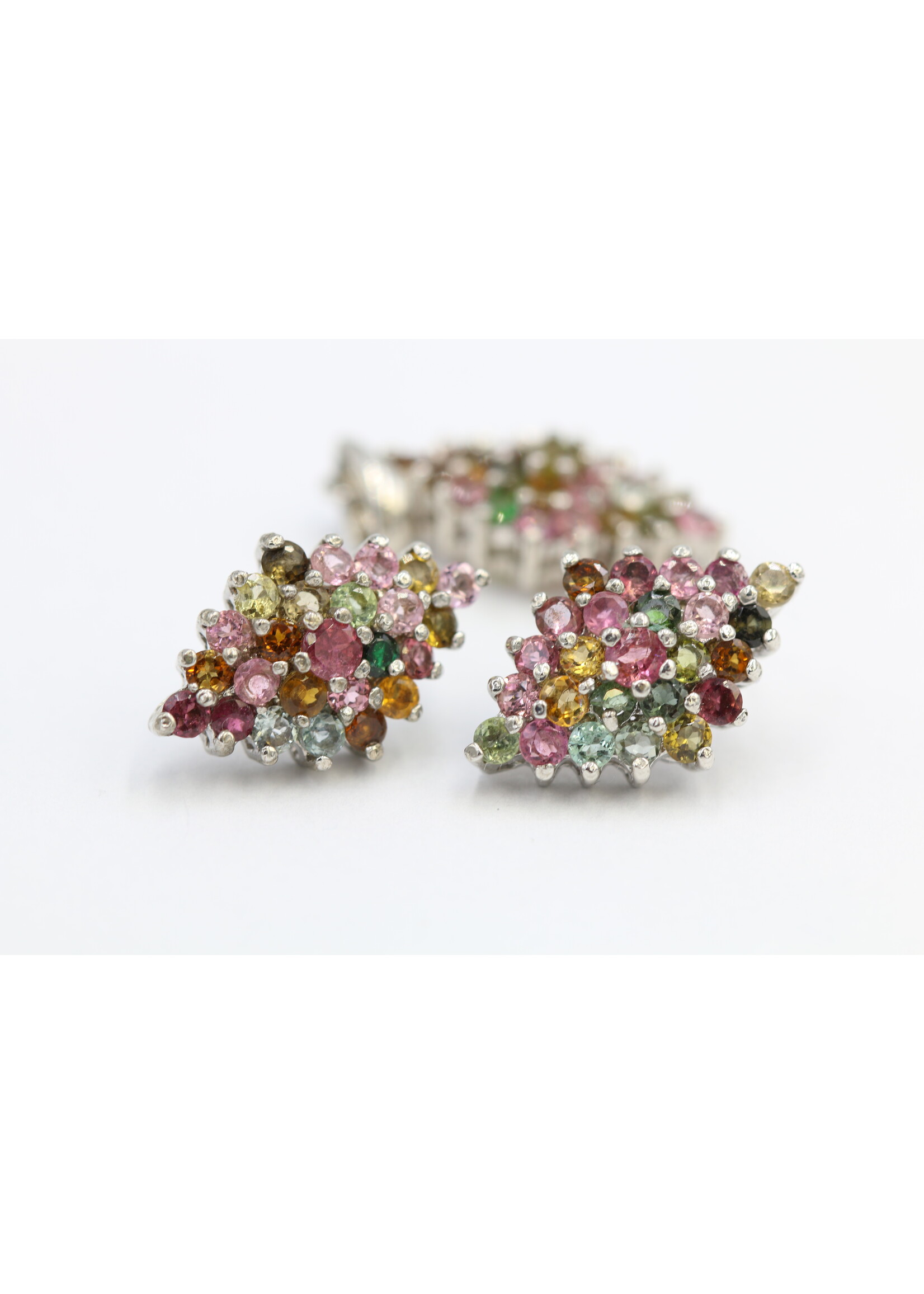 925 Rhodium Plated Silver Set Set with Natural Multi-Color Tourmalines