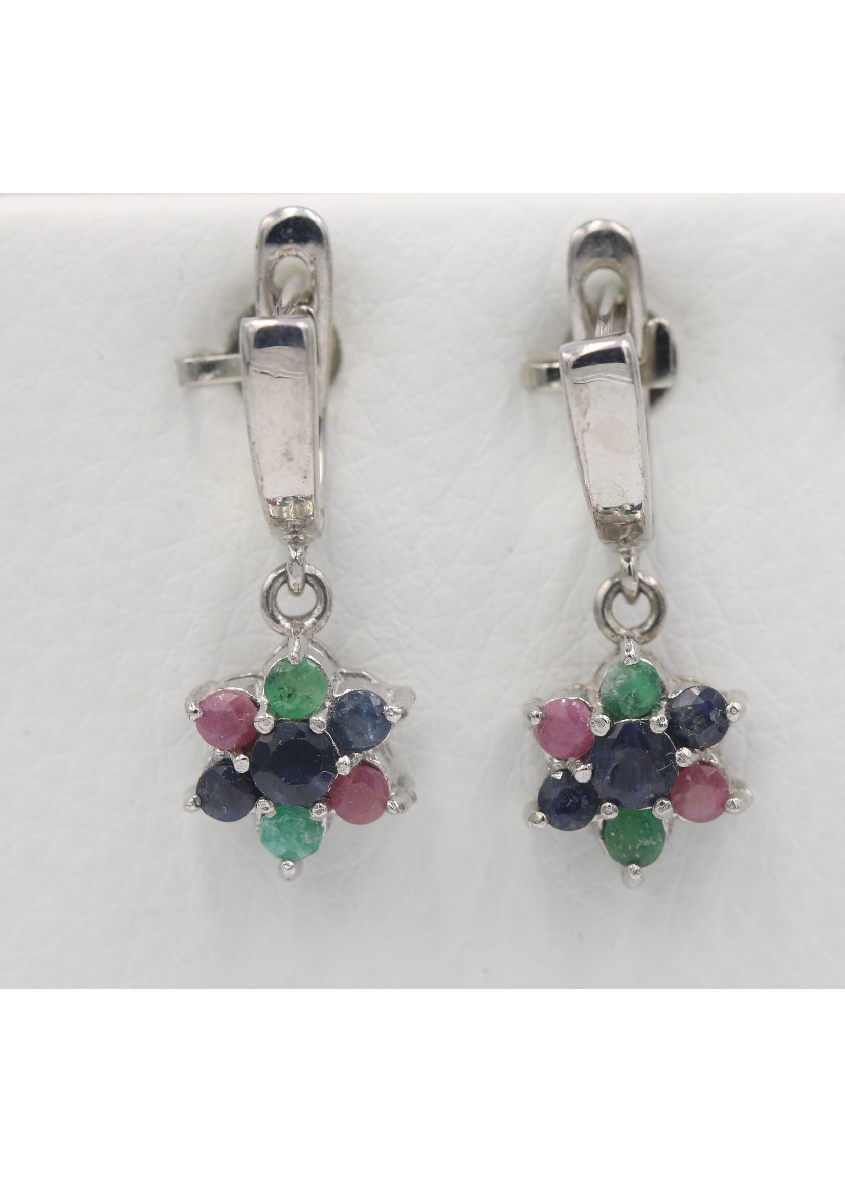 925 rhodium plated silver earrings set with natural rubies, emeralds and sapphires