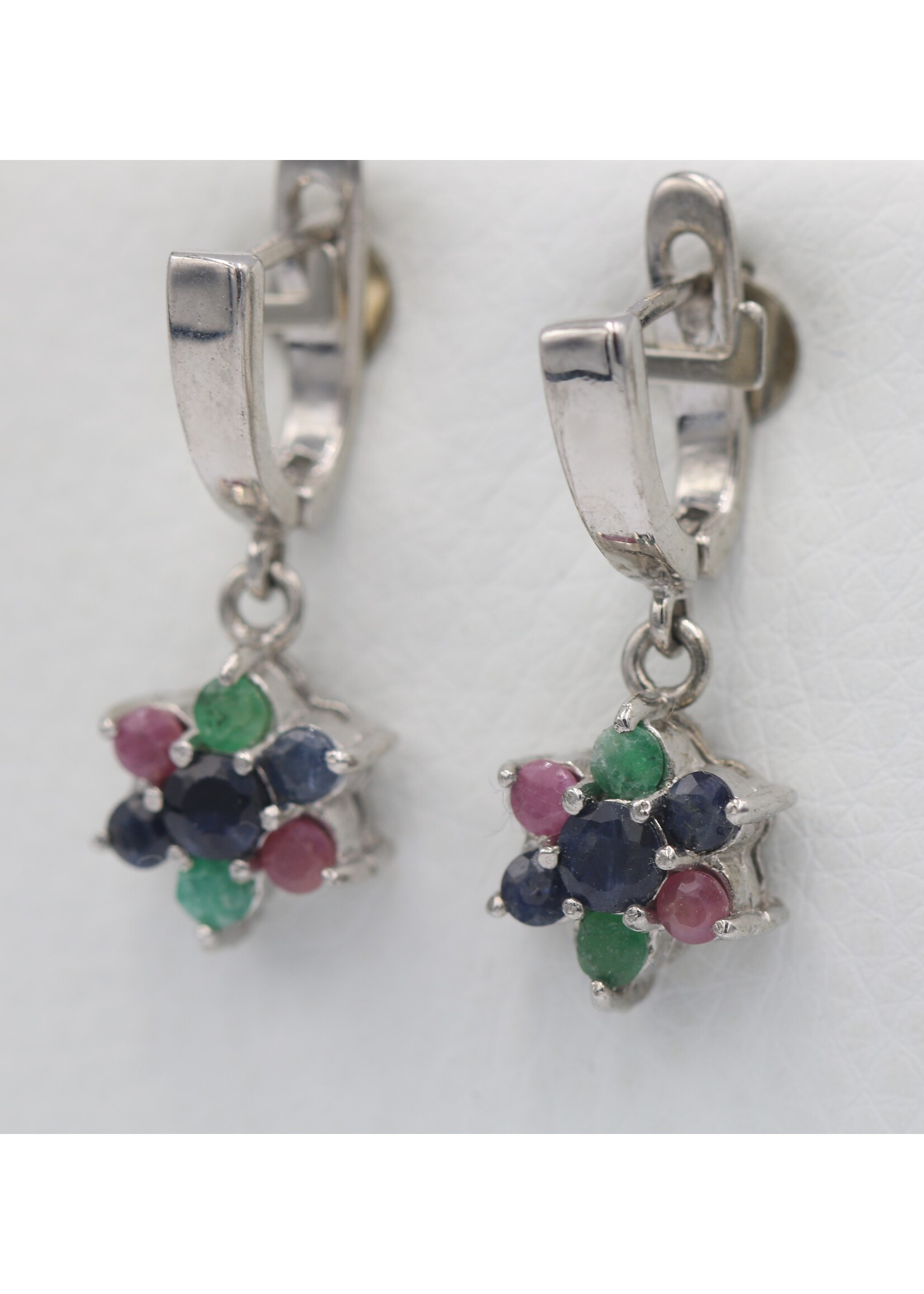 925 rhodium plated silver earrings set with natural rubies, emeralds and sapphires