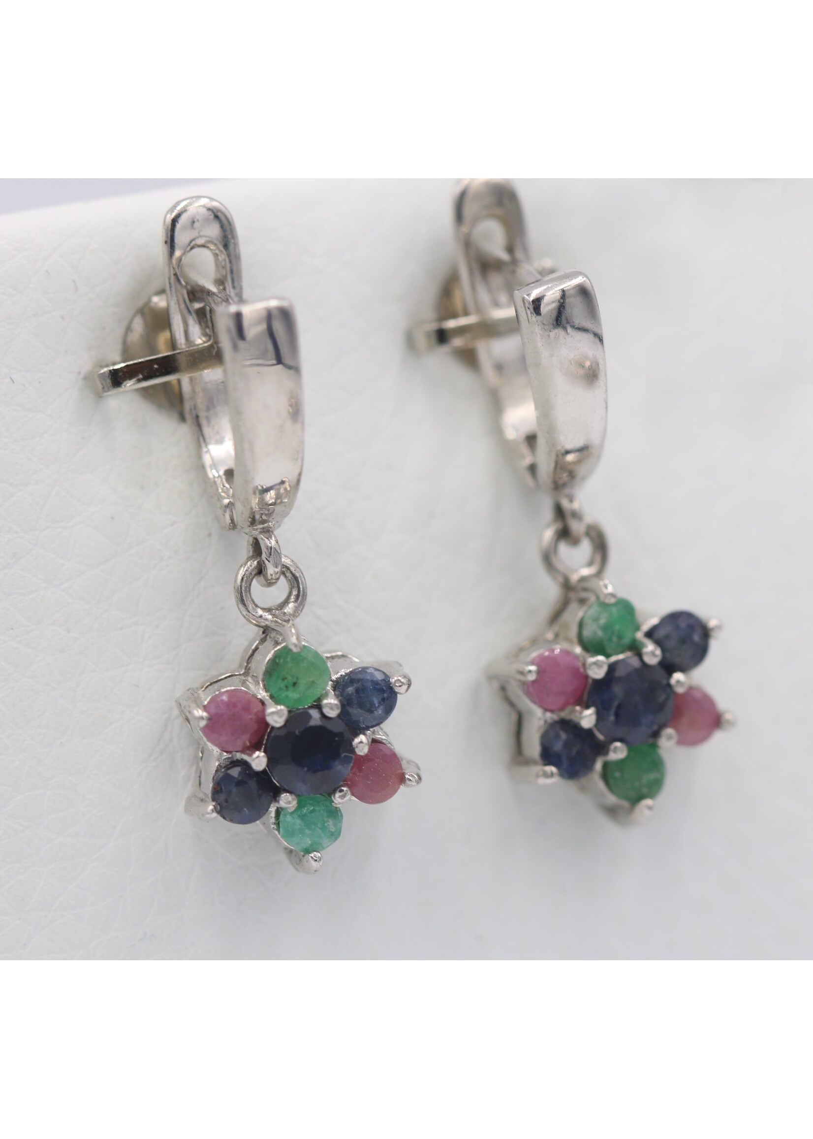925 rhodium plated silver earrings set with natural rubies, emeralds and sapphires