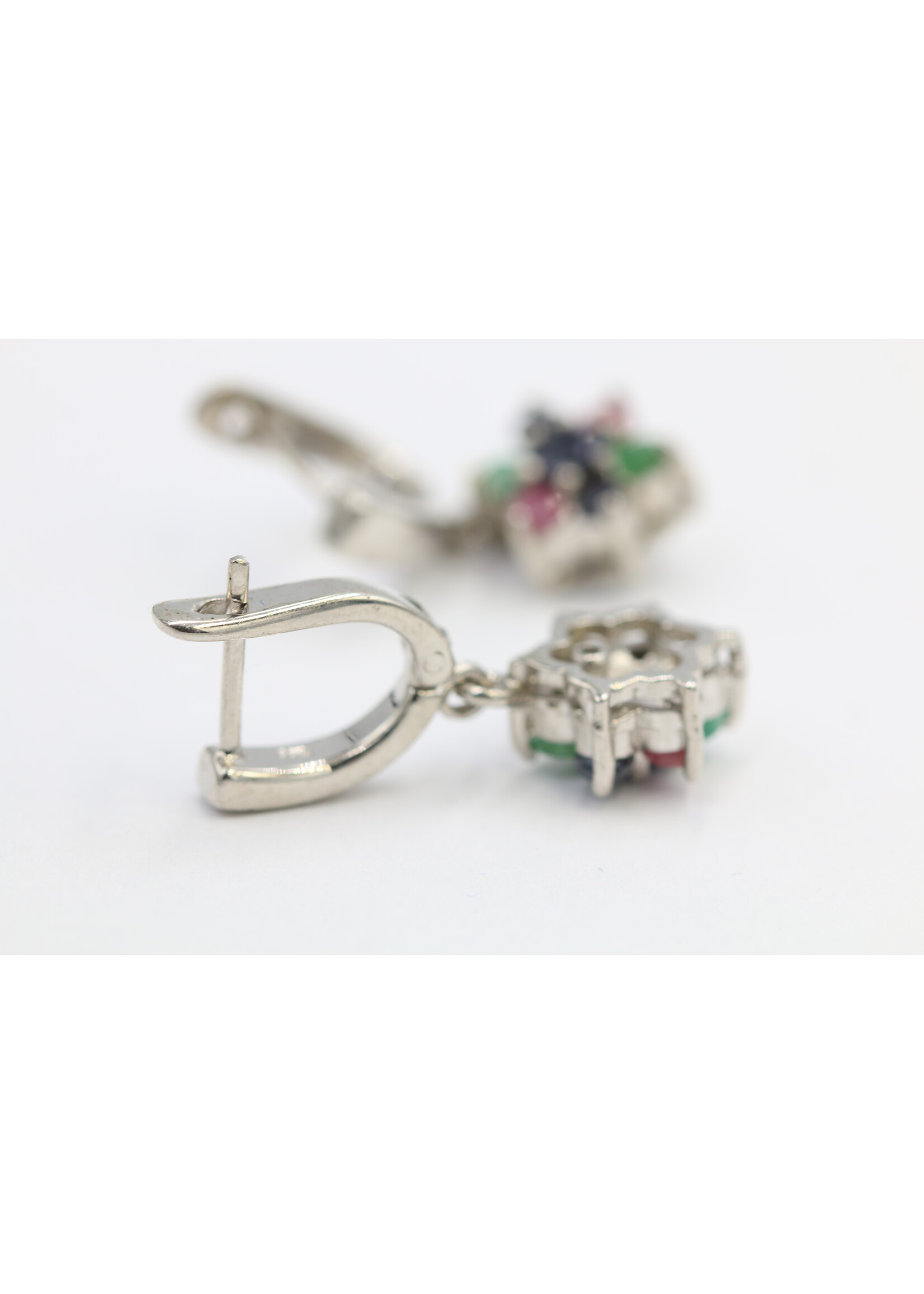 925 rhodium plated silver earrings set with natural rubies, emeralds and sapphires