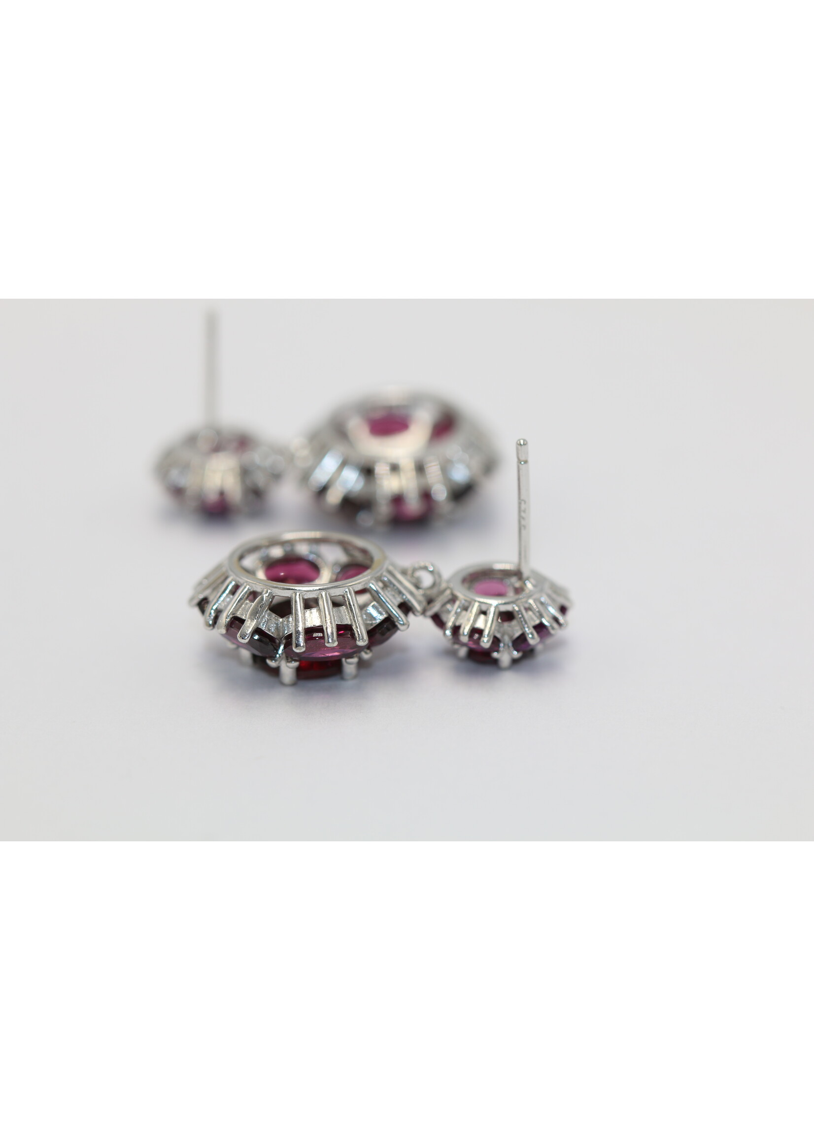 925 rhodium plated silver earrings set with natural rhodolites