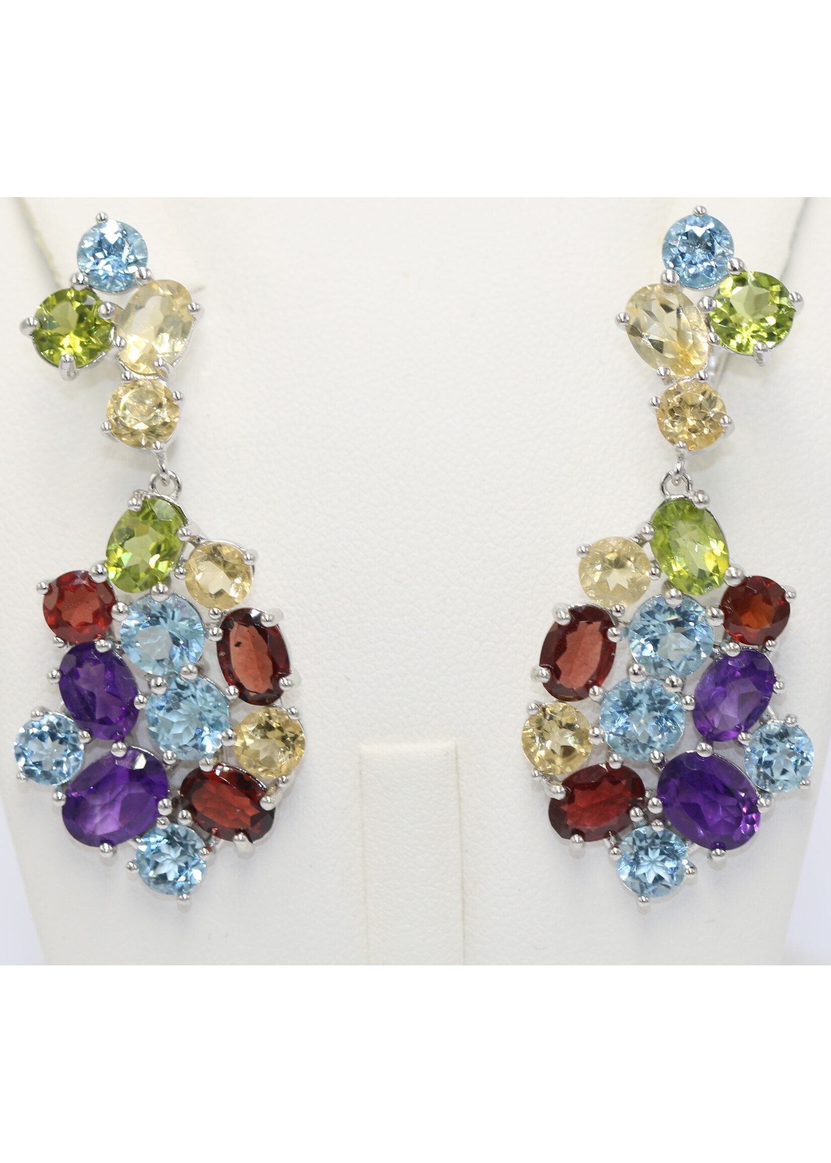 925 rhodium plated silver earrings set with natural Topaz, Amethyst, Peridot, Citrine and Garnets