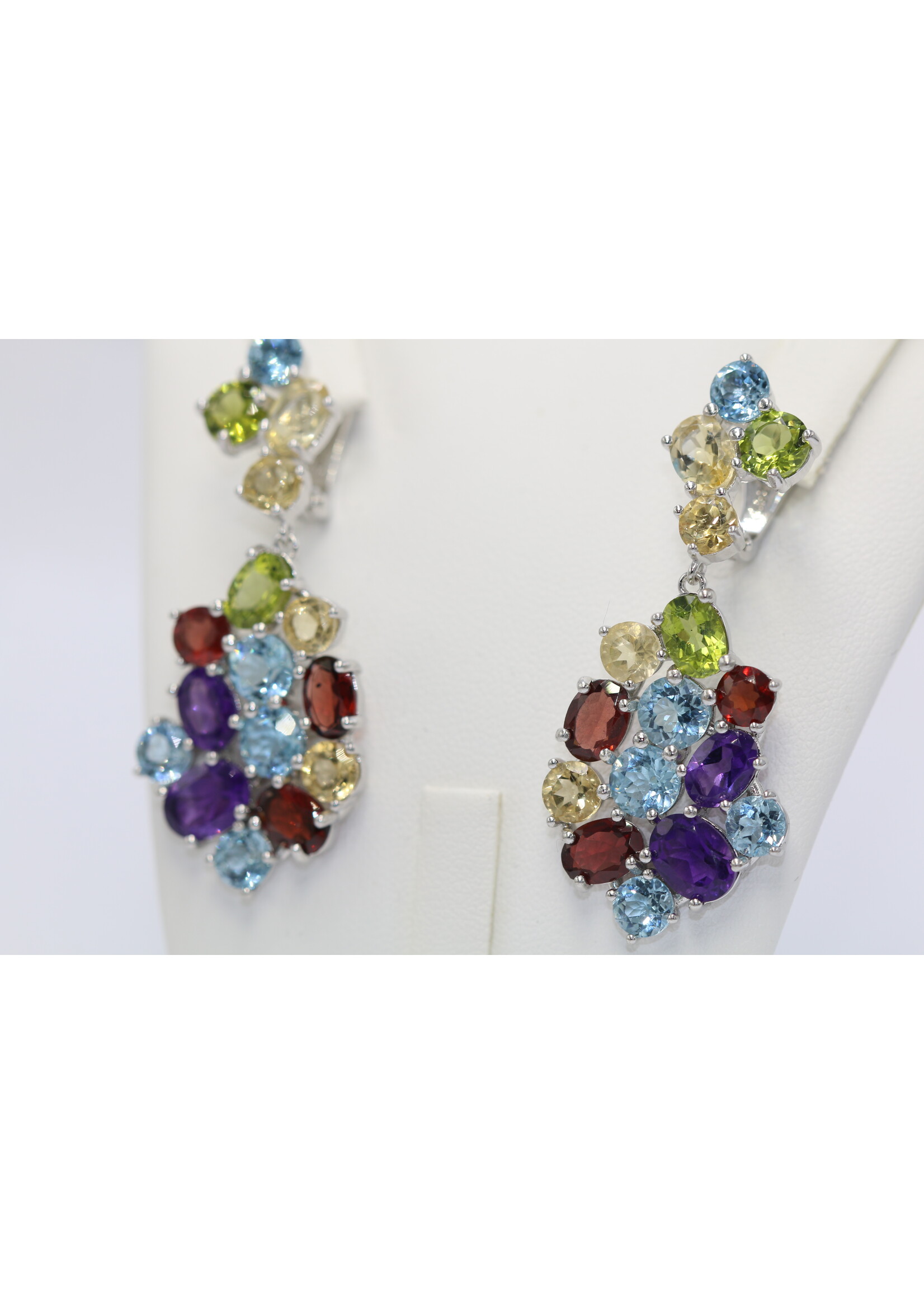 925 rhodium plated silver earrings set with natural Topaz, Amethyst, Peridot, Citrine and Garnets