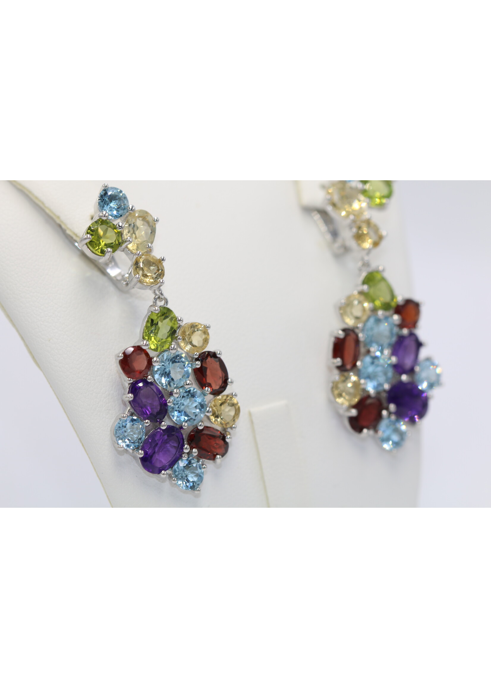 925 rhodium plated silver earrings set with natural Topaz, Amethyst, Peridot, Citrine and Garnets