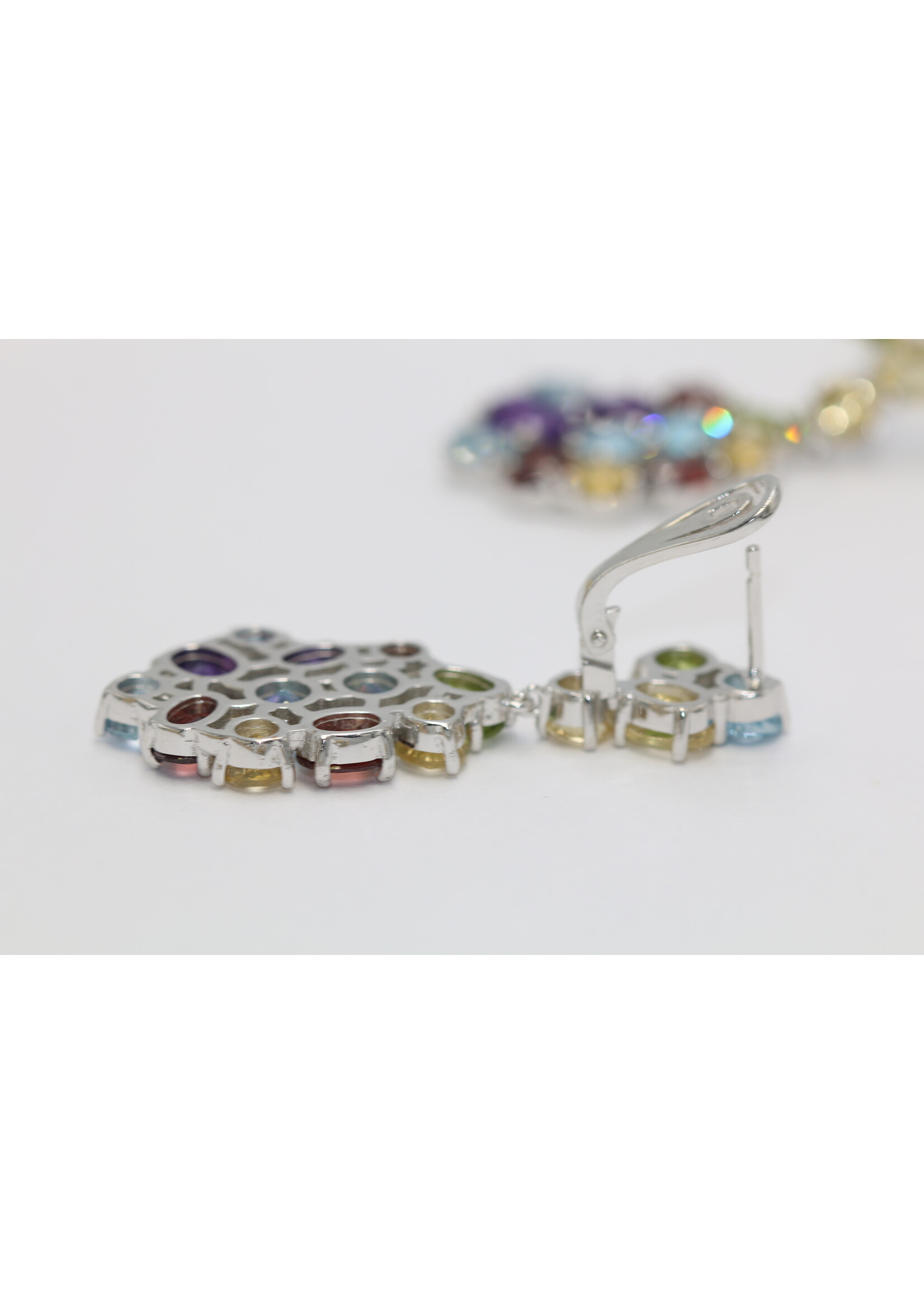 925 rhodium plated silver earrings set with natural Topaz, Amethyst, Peridot, Citrine and Garnets