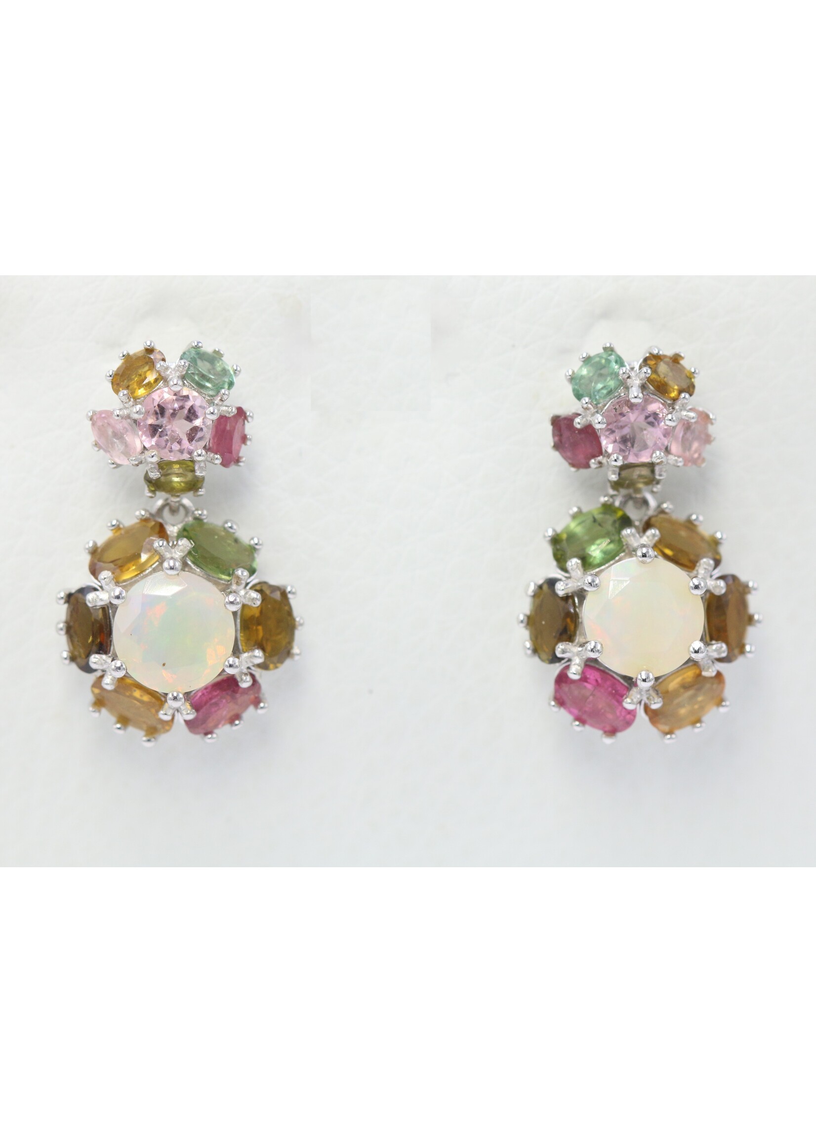 925 rhodium plated silver earrings set with natural opal and tourmaline
