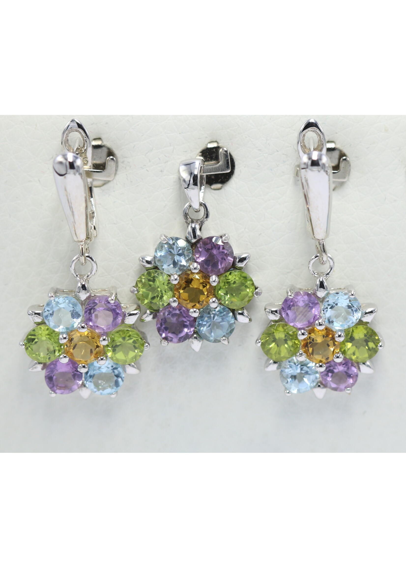 925 rhodium plated silver set with natural Topaz, Peridot, Citrine and Amethysts