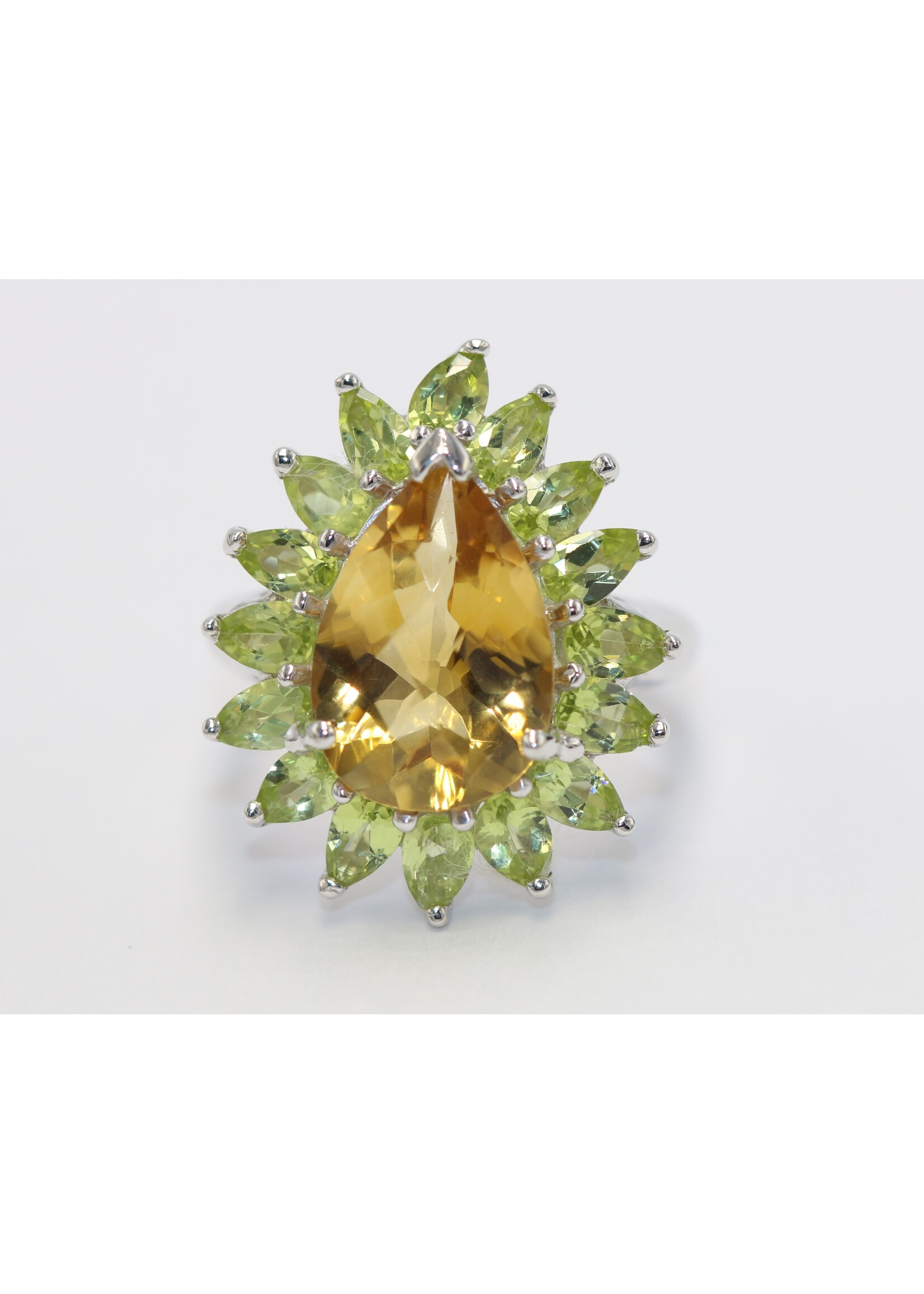 925 rhodium plated silver ring set with natural Citrine and Peridots