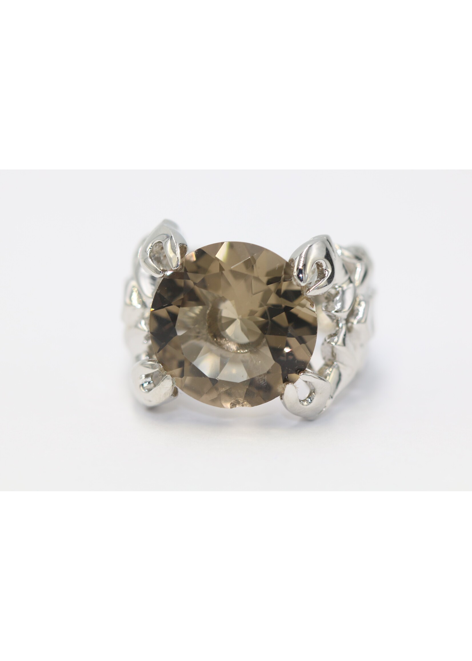 925 rhodium plated silver ring set with natural smoky quartz