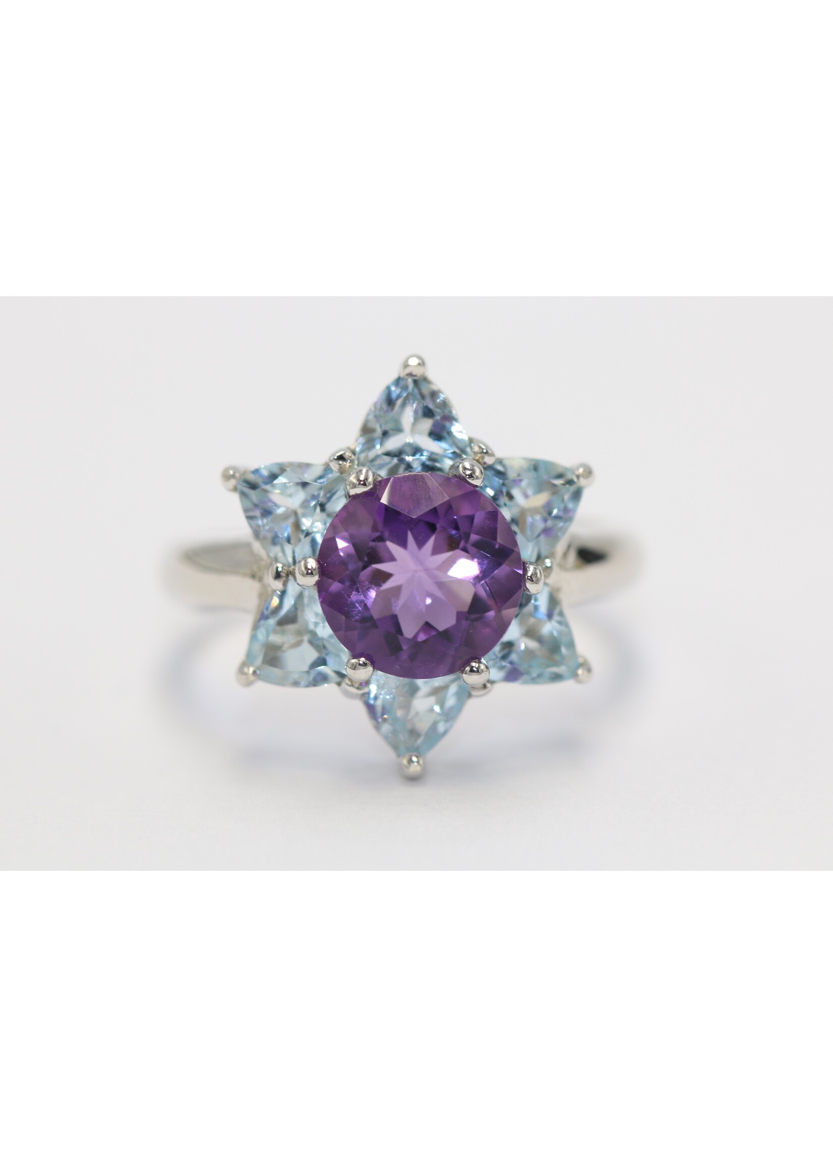 925 rhodium plated silver ring set with natural amethyst and topaz