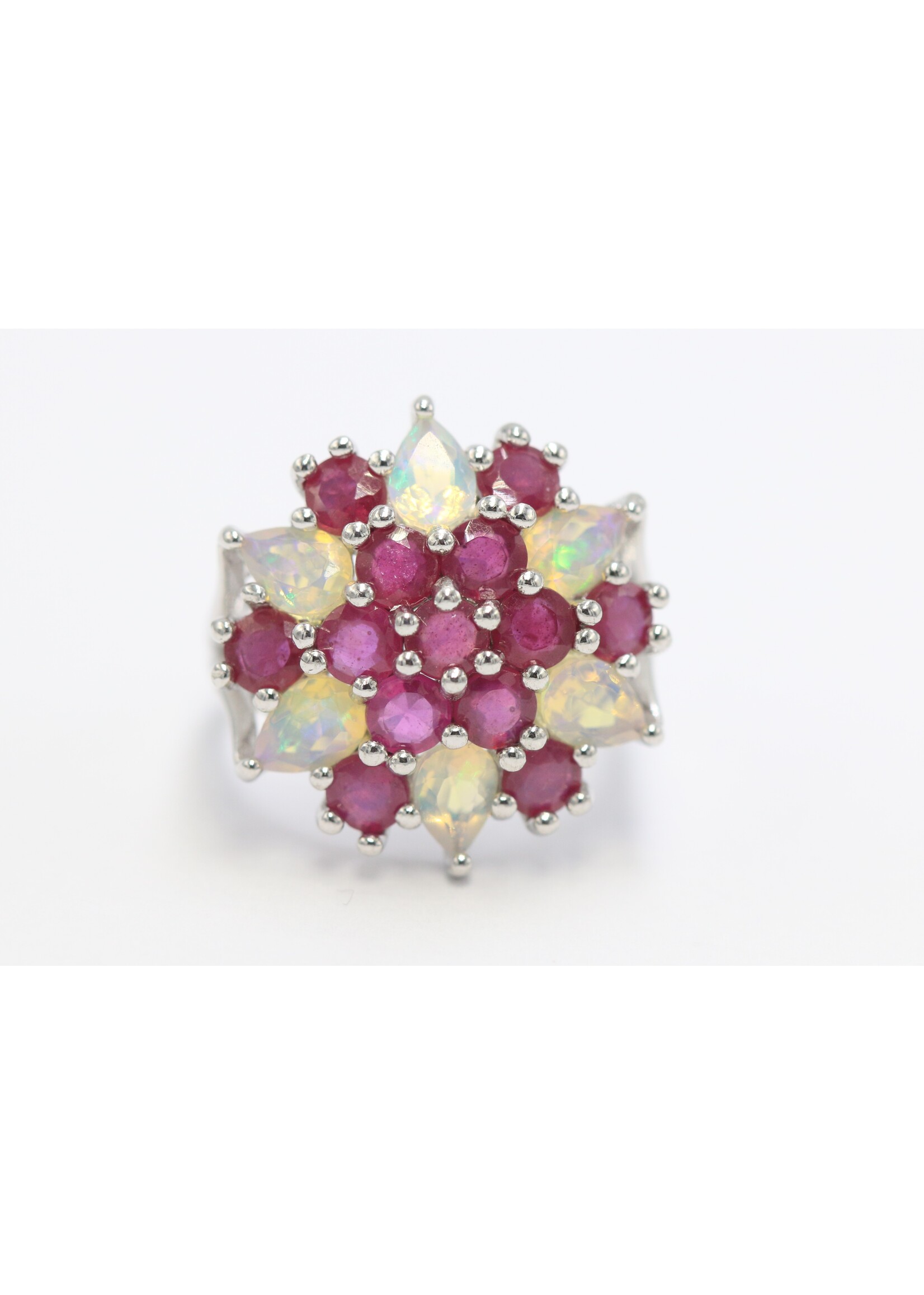 925 rhodium plated silver ring set with natural Opal and Rubies
