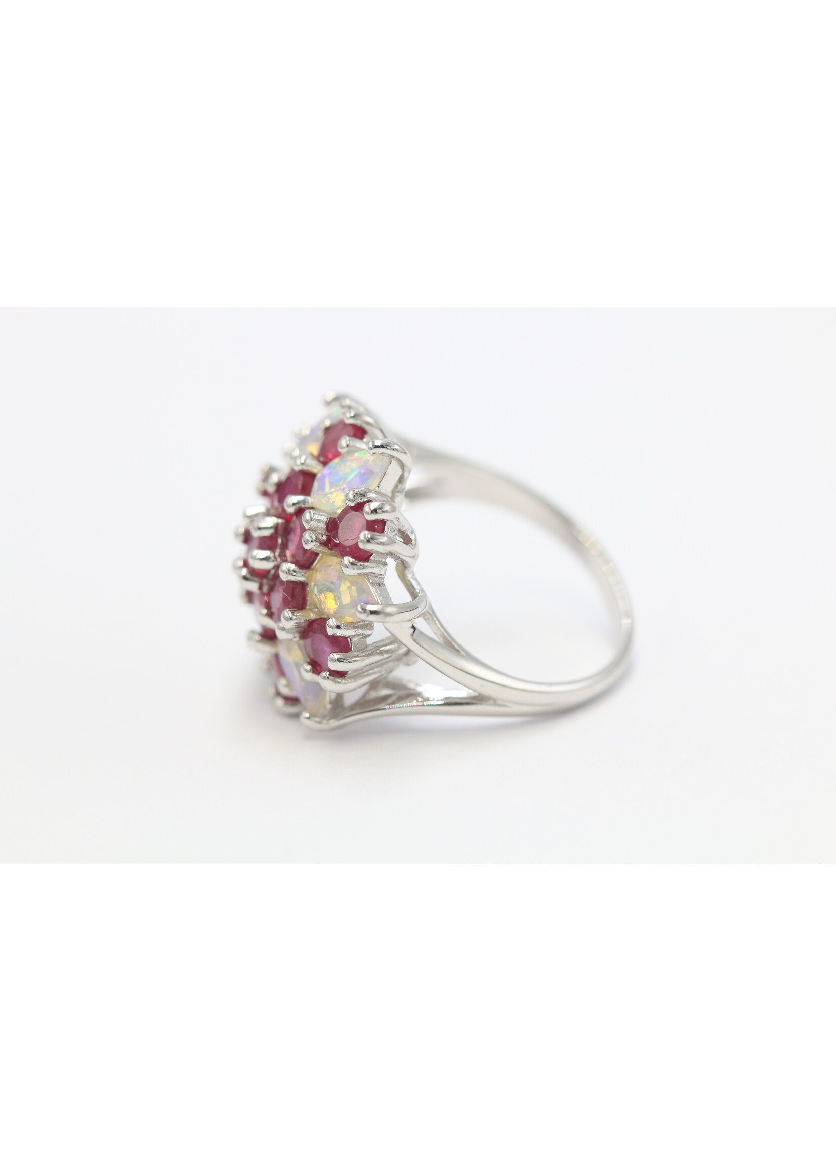 925 rhodium plated silver ring set with natural Opal and Rubies