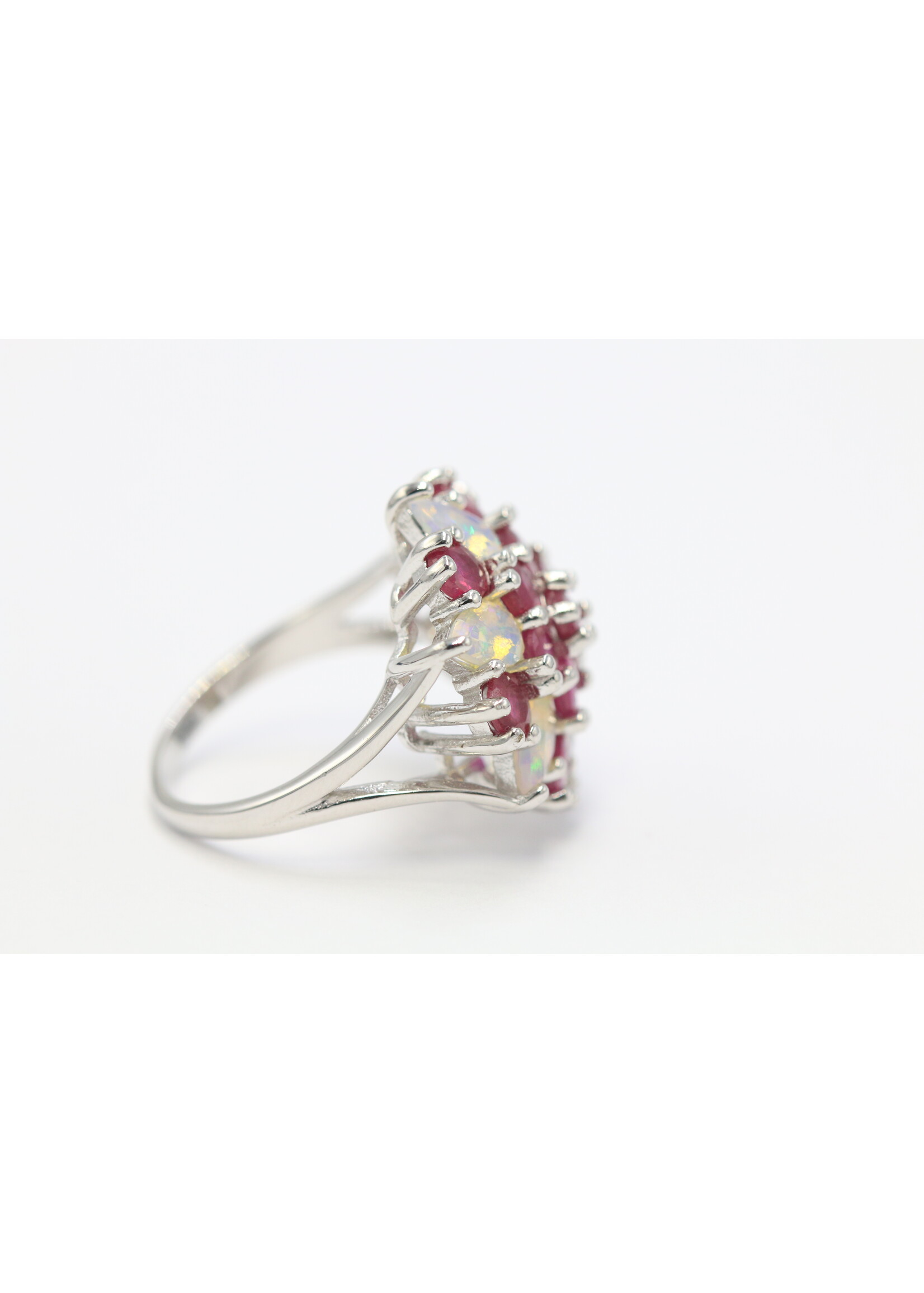 925 rhodium plated silver ring set with natural Opal and Rubies