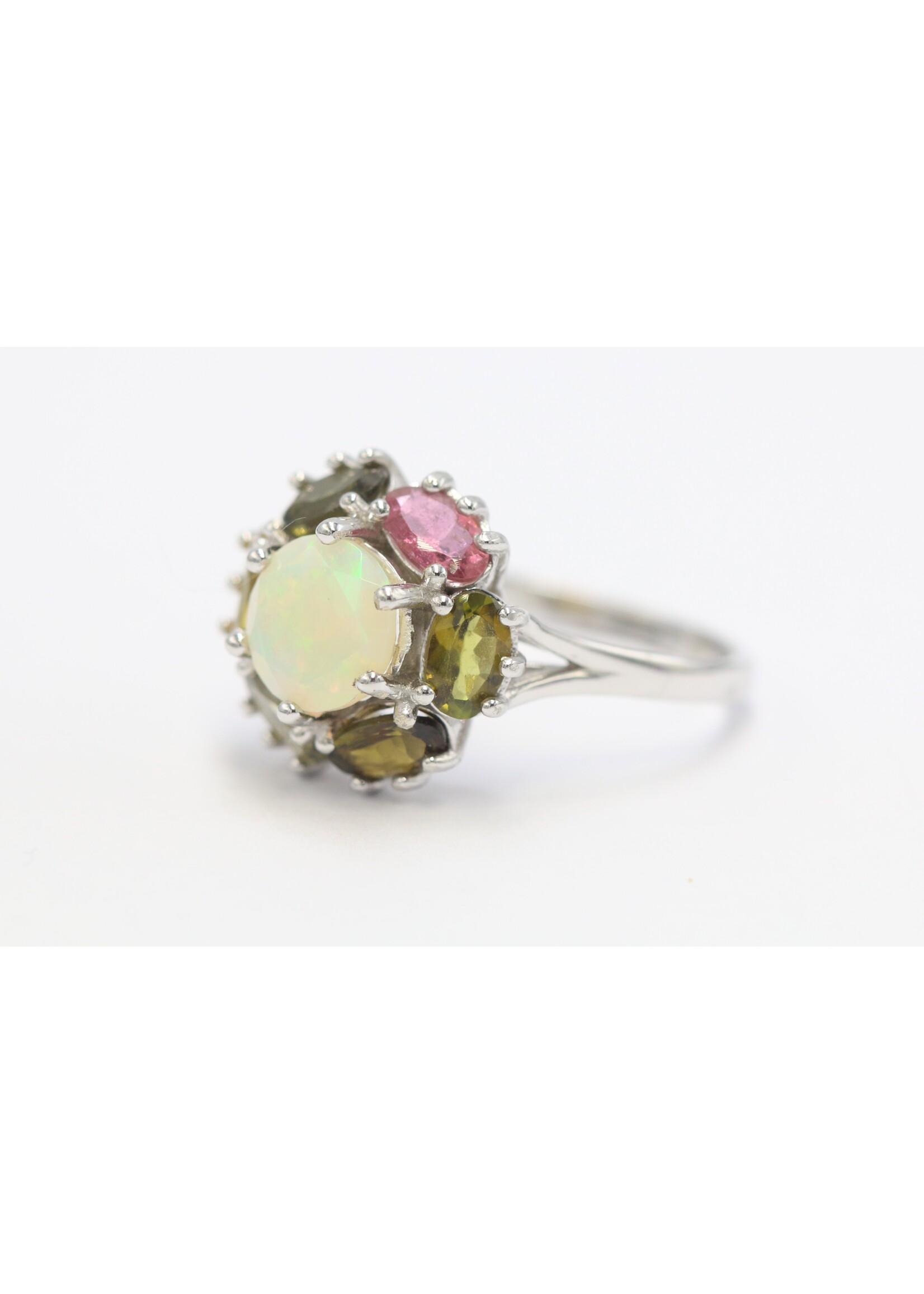 925 rhodium plated silver ring set with natural Opal and Tourmaline