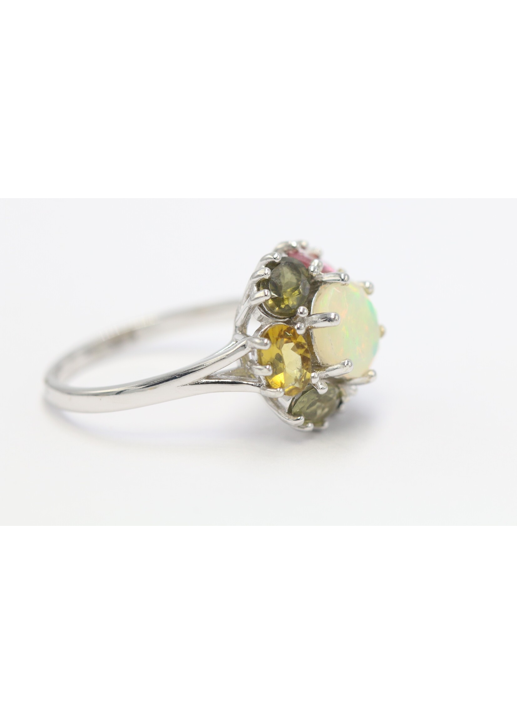 925 rhodium plated silver ring set with natural Opal and Tourmaline