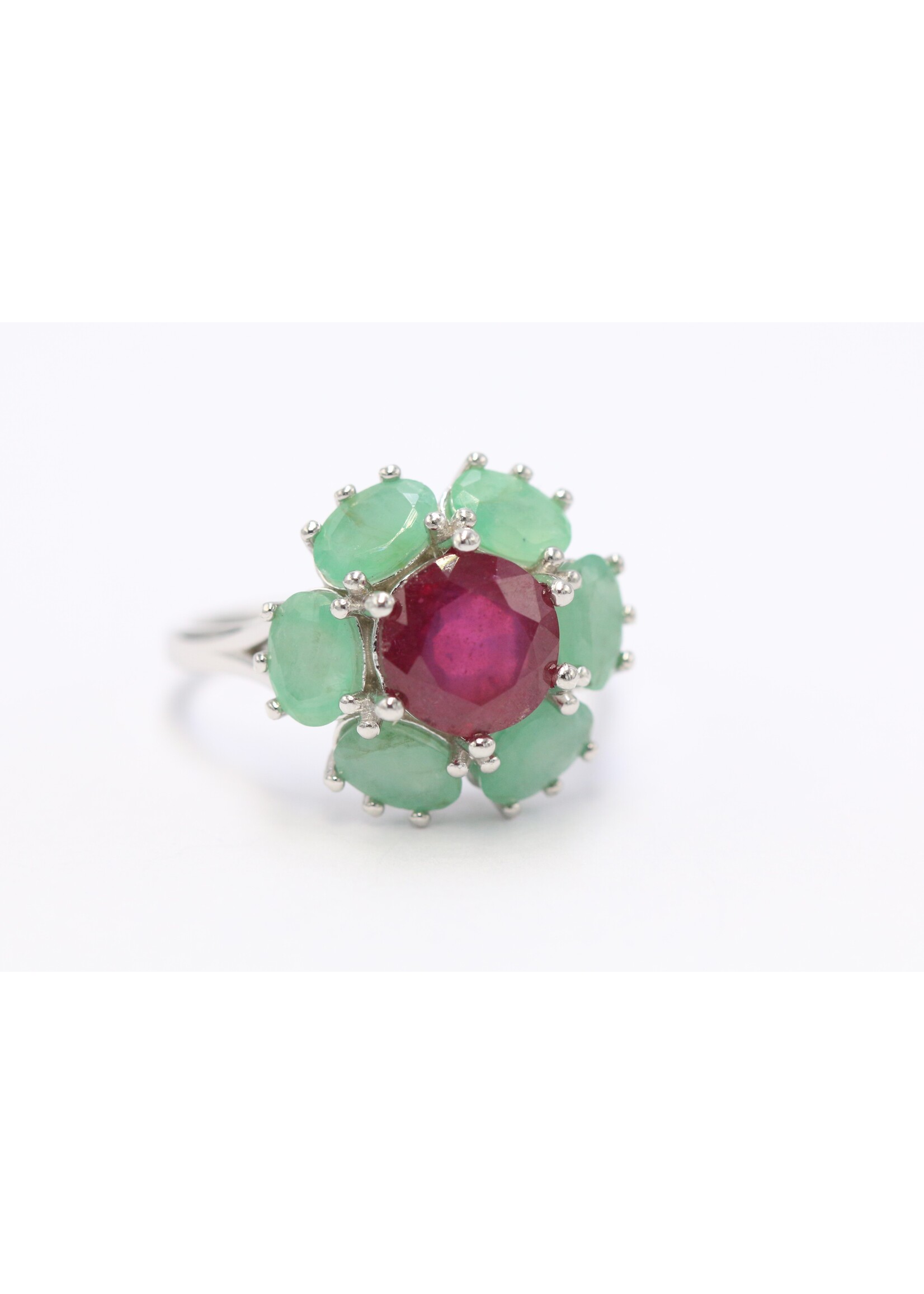 925 rhodium plated silver ring set with natural ruby and emeralds