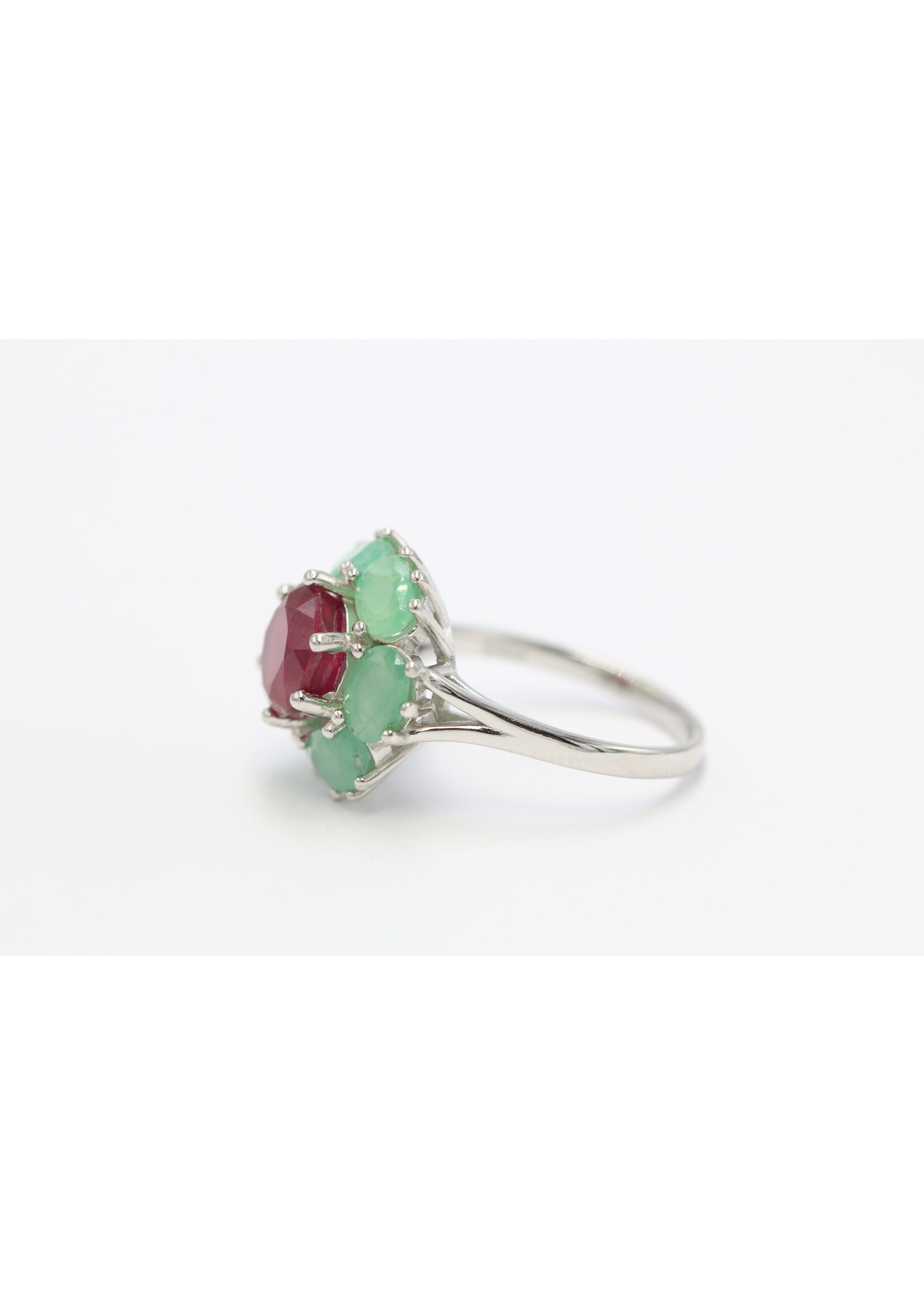 925 rhodium plated silver ring set with natural ruby and emeralds