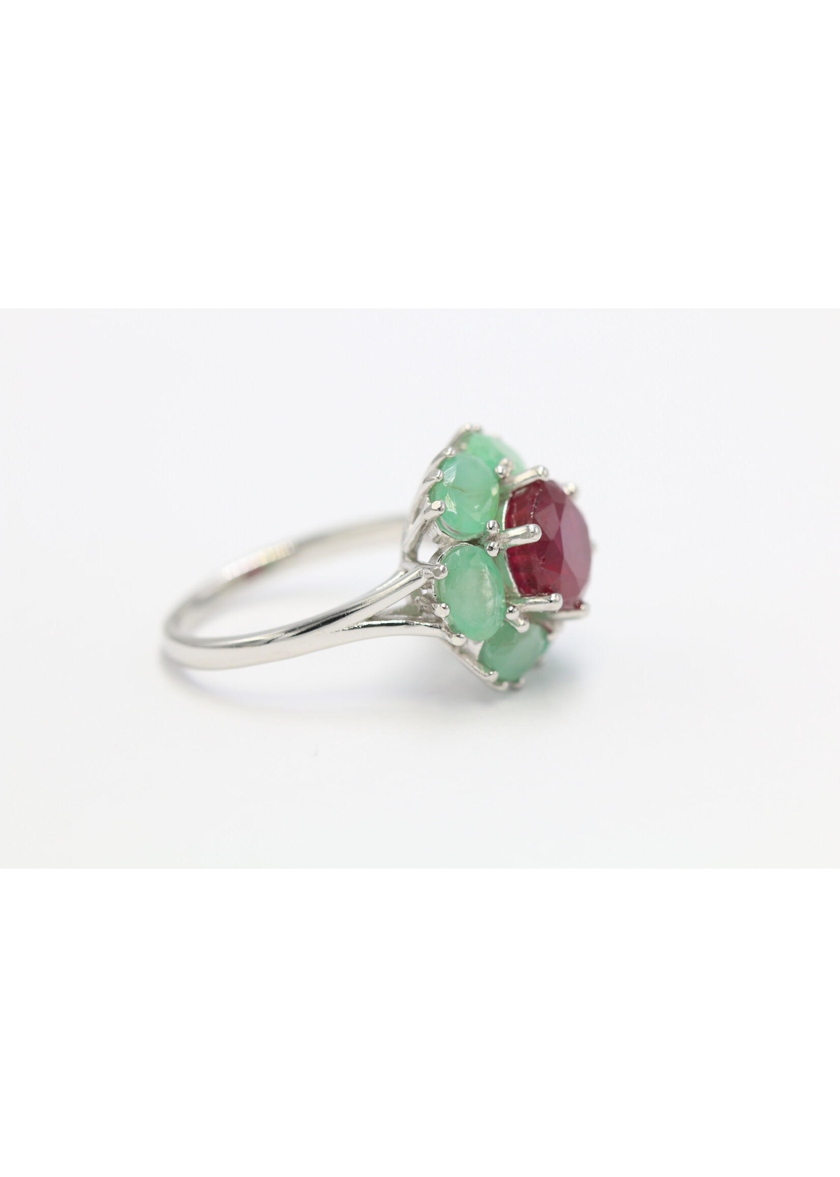 925 rhodium plated silver ring set with natural ruby and emeralds