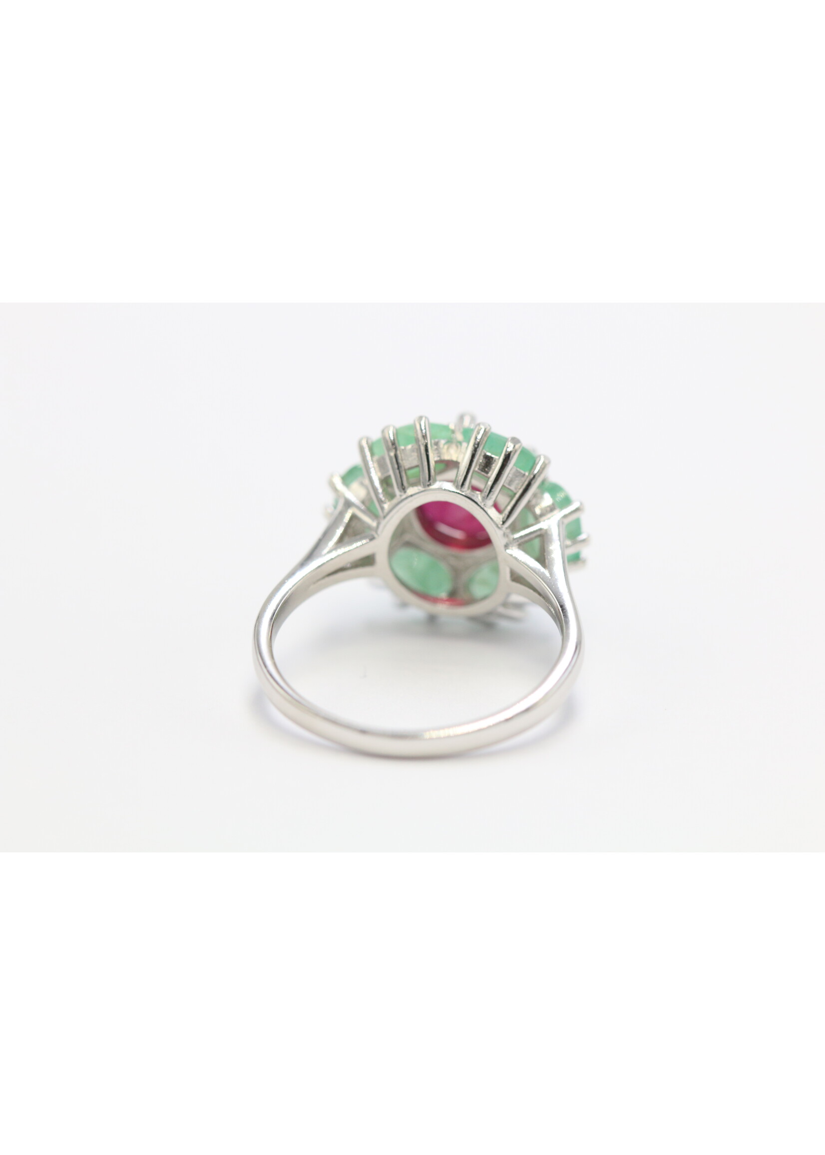 925 rhodium plated silver ring set with natural ruby and emeralds