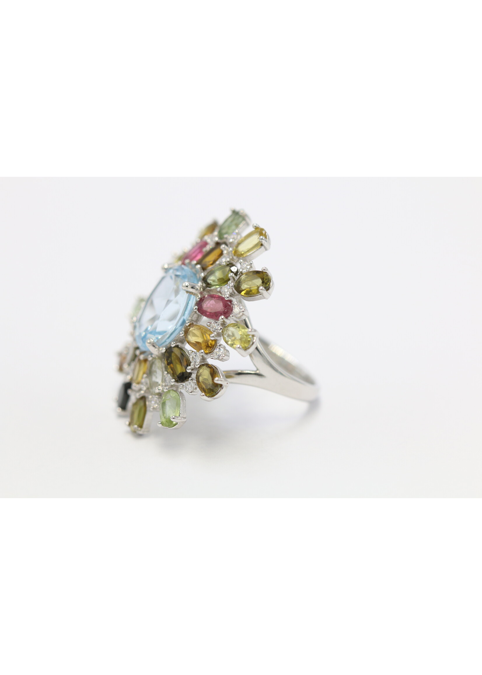 925 rhodium plated silver ring set with natural Topaz and Tourmalines