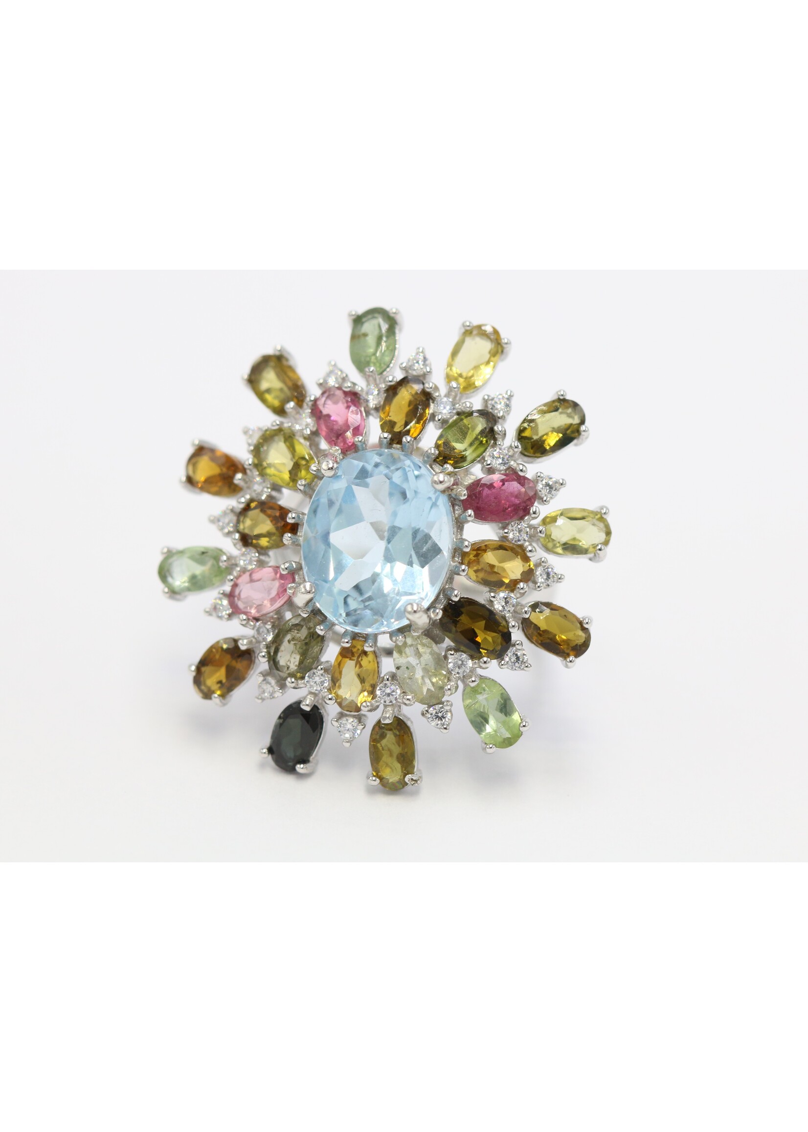 925 rhodium plated silver ring set with natural Topaz and Tourmalines