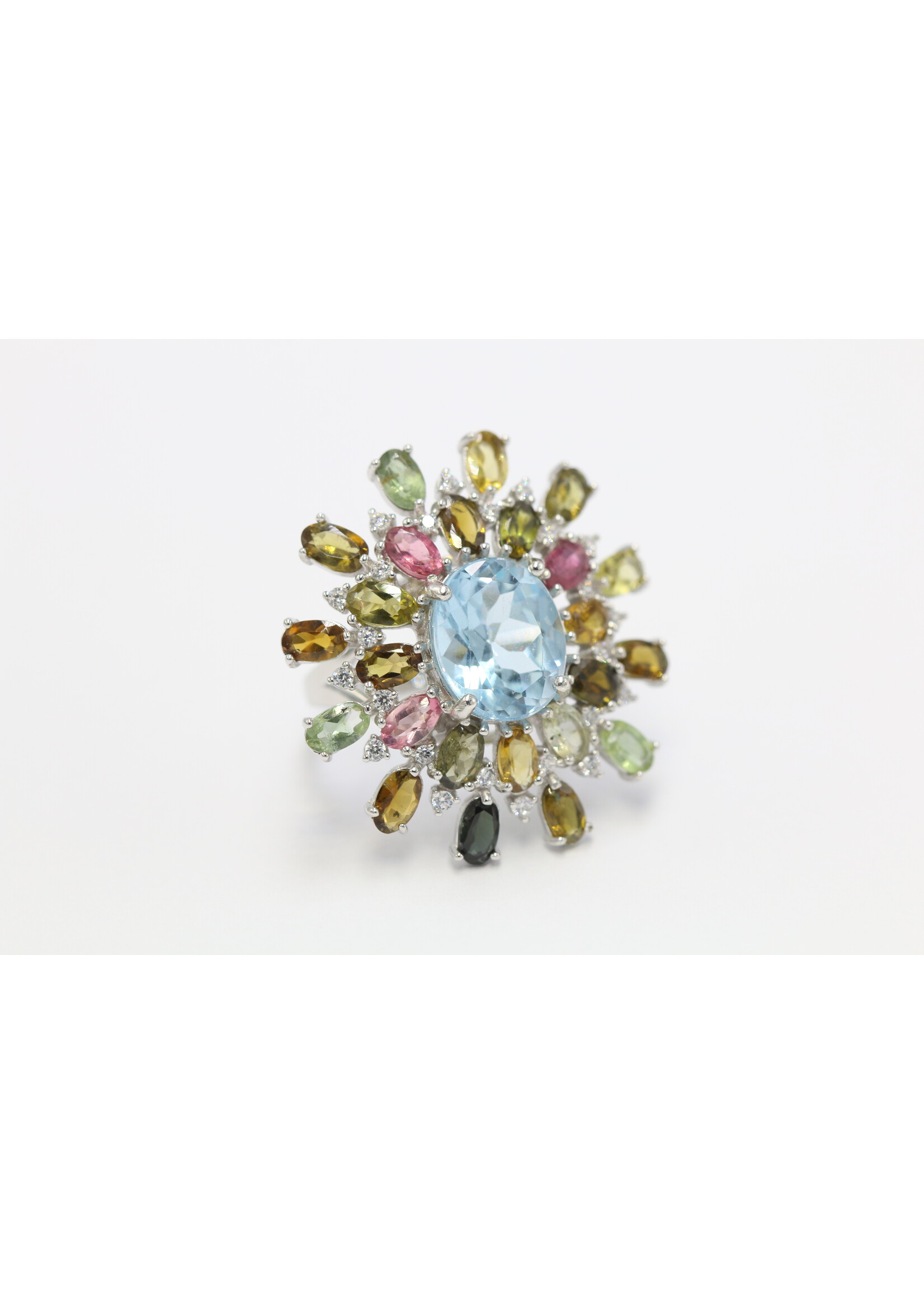 925 rhodium plated silver ring set with natural Topaz and Tourmalines