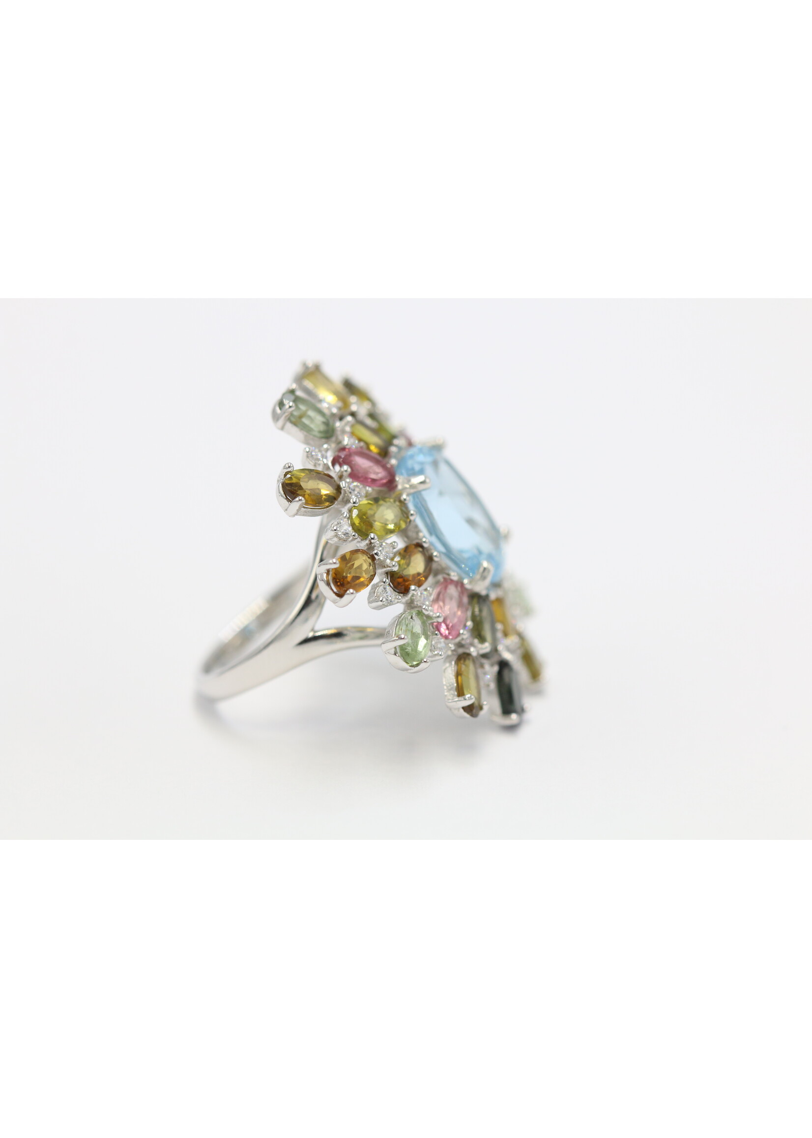 925 rhodium plated silver ring set with natural Topaz and Tourmalines