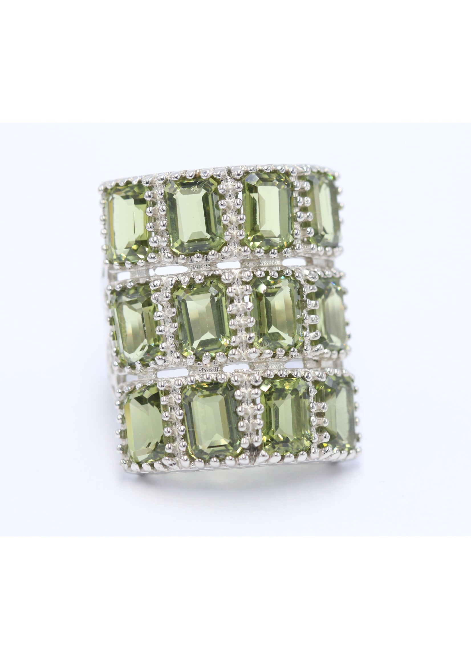 925 rhodium plated silver ring set with natural green amethysts