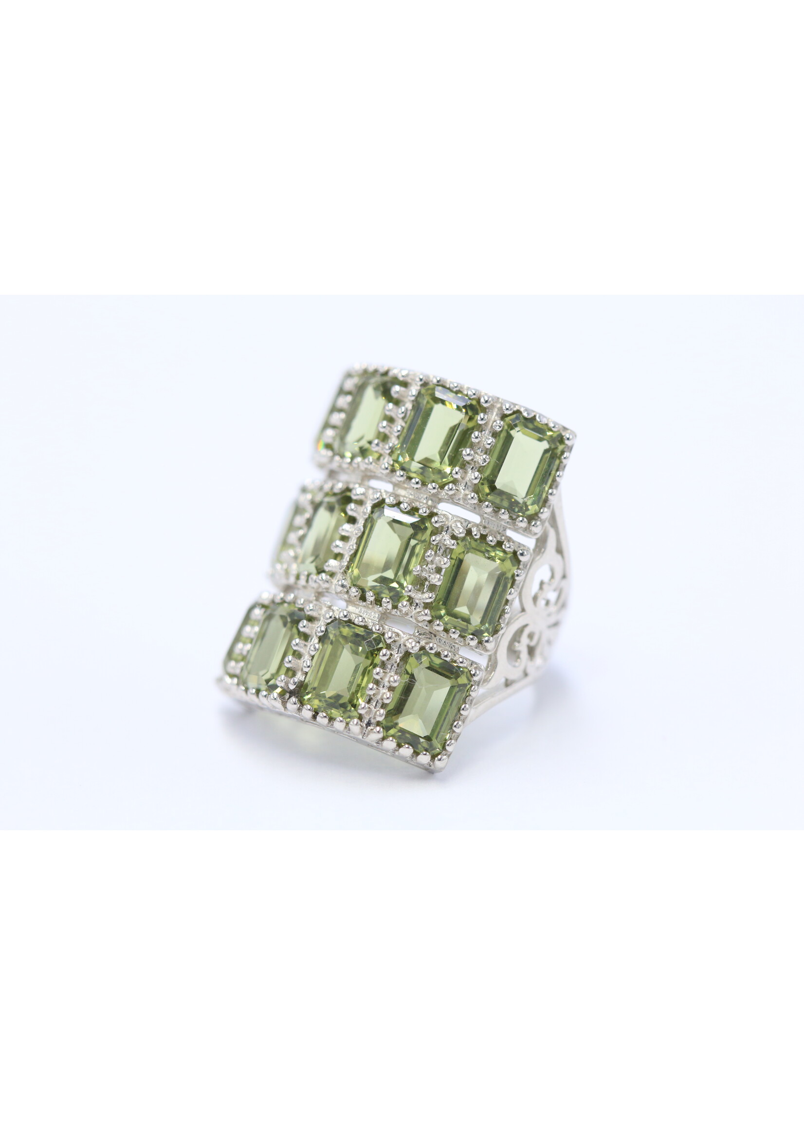 925 rhodium plated silver ring set with natural green amethysts