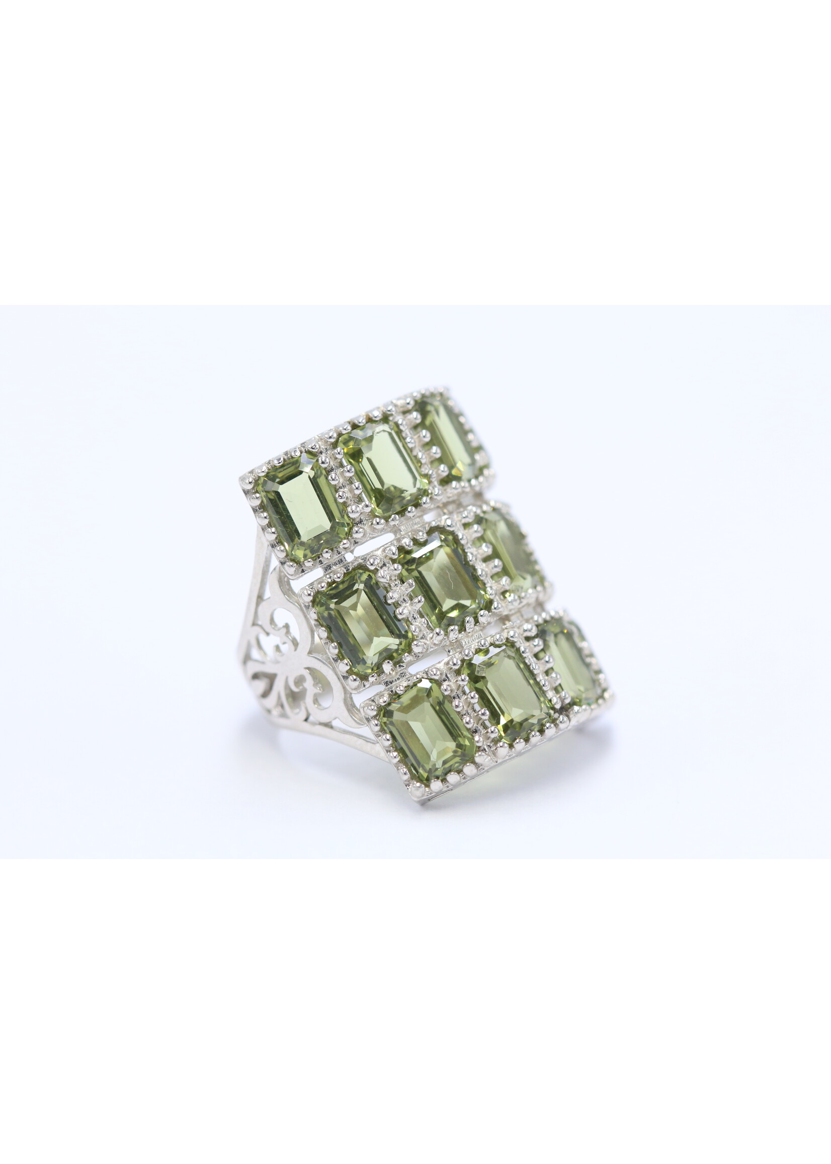 925 rhodium plated silver ring set with natural green amethysts