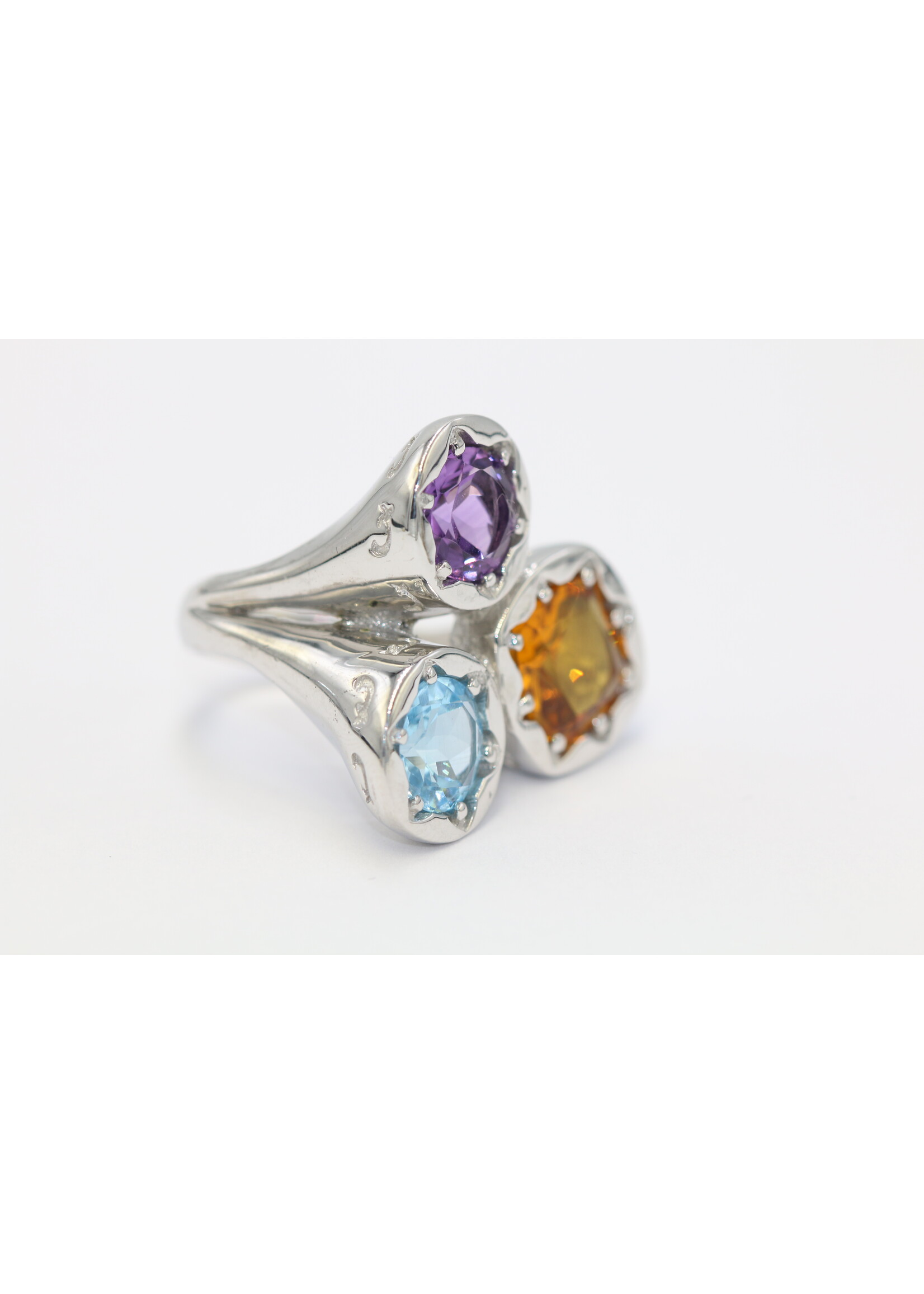 Bague en argent 925 rhodié sertie d'Améthyste naturelle, Citrine et Topaze