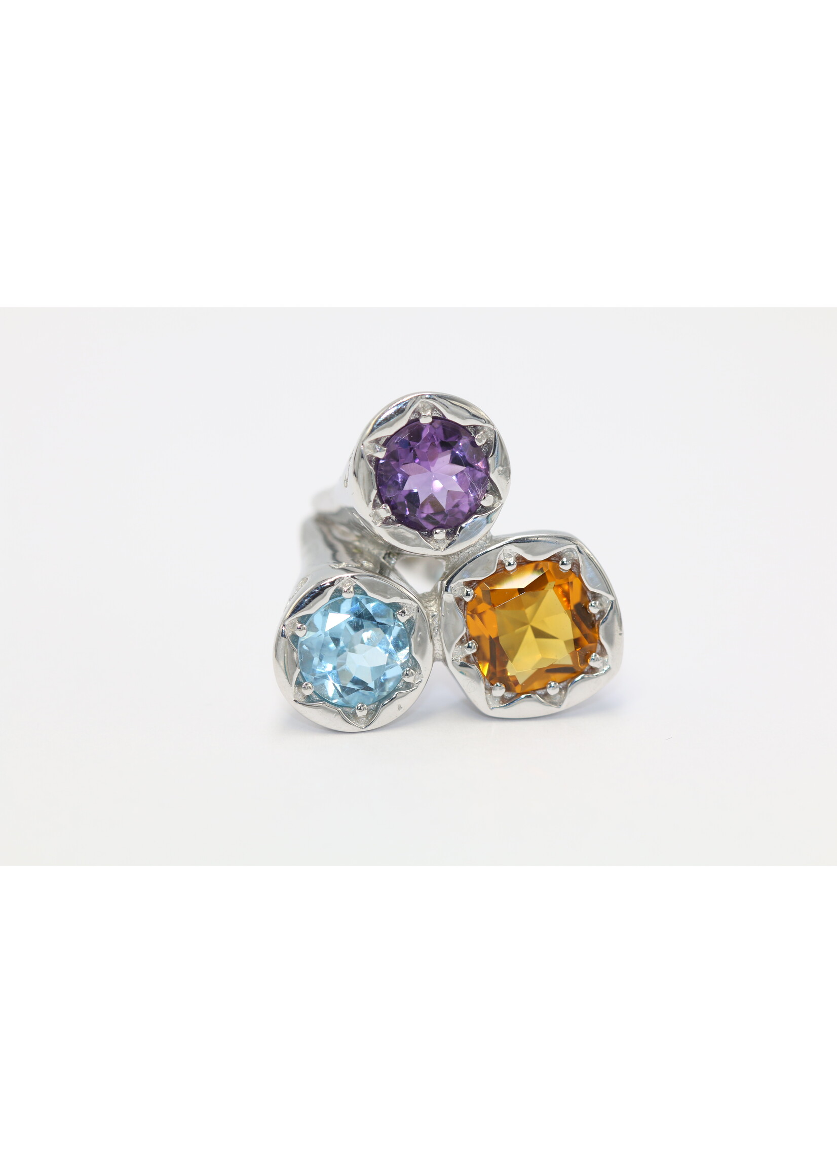 Bague en argent 925 rhodié sertie d'Améthyste naturelle, Citrine et Topaze